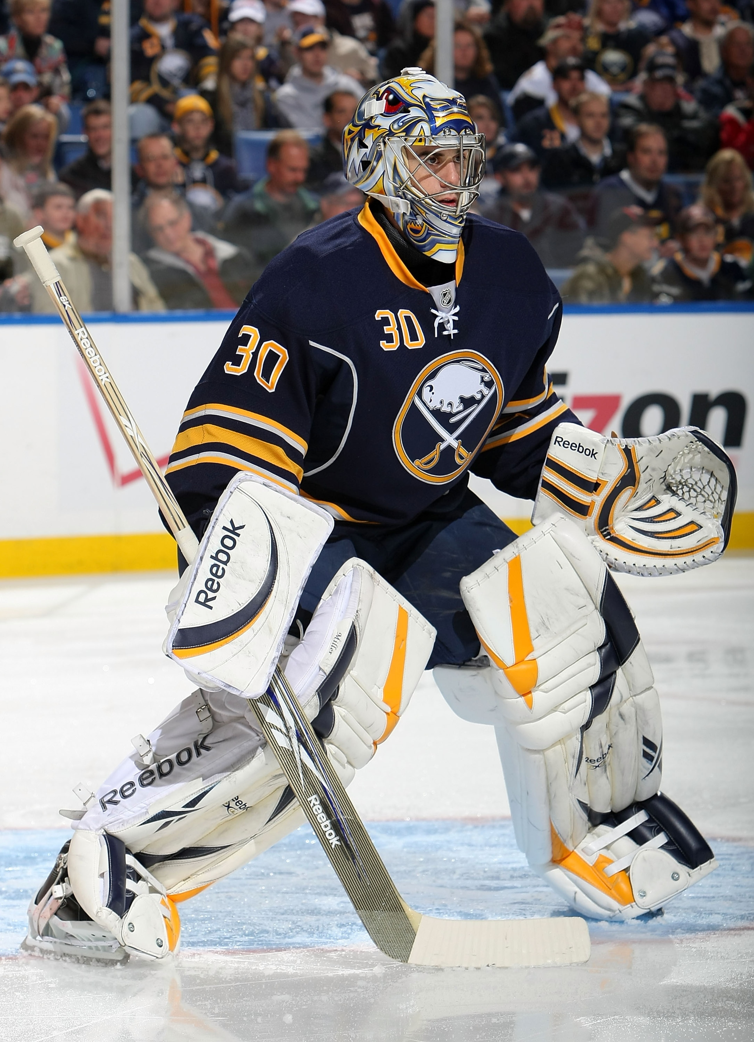 BUFFALO - OCTOBER 22:  Ryan Miller #30 the Buffalo Sabres prepares to face the Ottawa Senators during their NHL game at HSBC Arena October 22, 2010 in Buffalo, New York.(Photo By Dave Sandford/Getty Images)