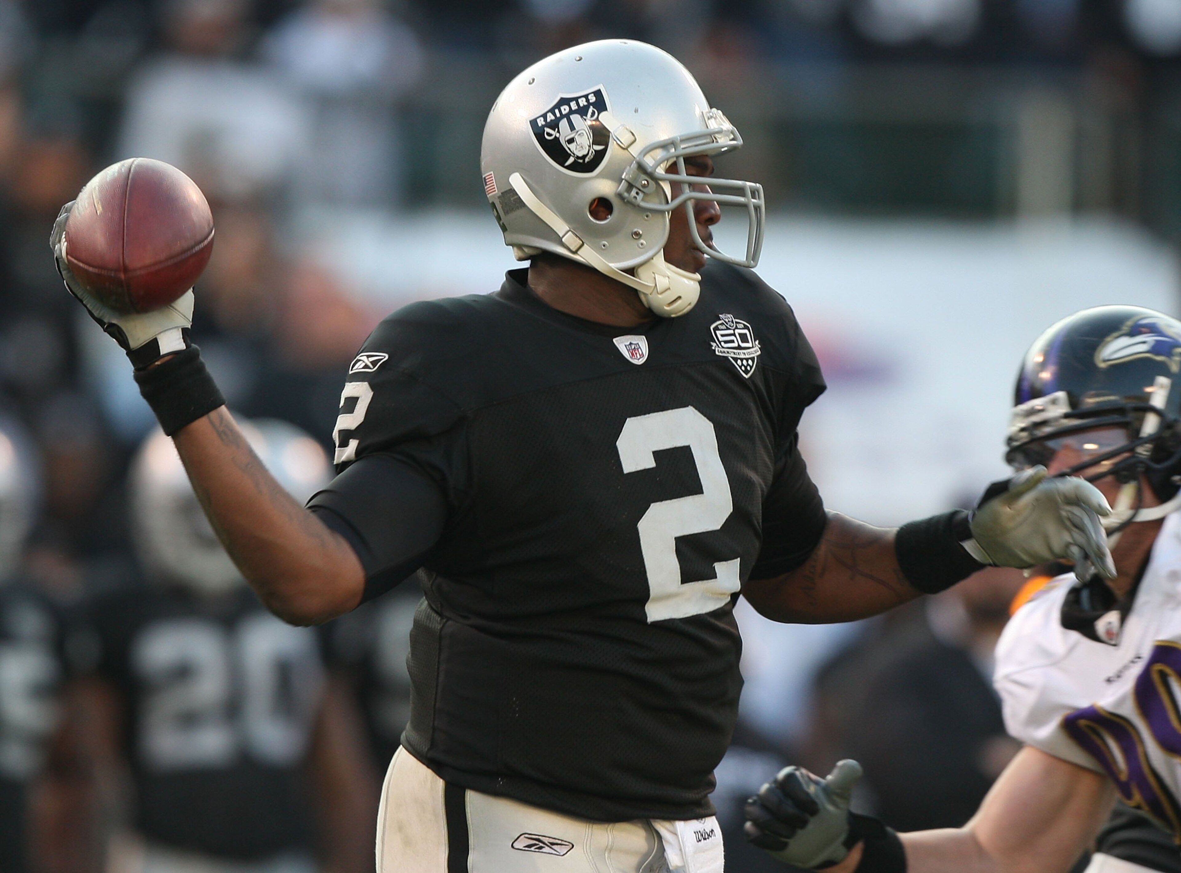 OAKLAND, CA - JANUARY 03: JaMarcus Russell #2 of the Oakland Raiders in action against the Baltimore Ravens during an NFL game at Oakland-Alameda County Coliseum on January 3, 2010 in Oakland, California. (Photo by Jed Jacobsohn/Getty Images) OAKLAND, CA - JANUARY 03: JaMarcus Russell #2 of the Oakland Raiders in action against the Baltimore Ravens during an NFL game at Oakland-Alameda County Coliseum on January 3, 2010 in Oakland, California. (Photo by Jed Jacobsohn/Getty Images)