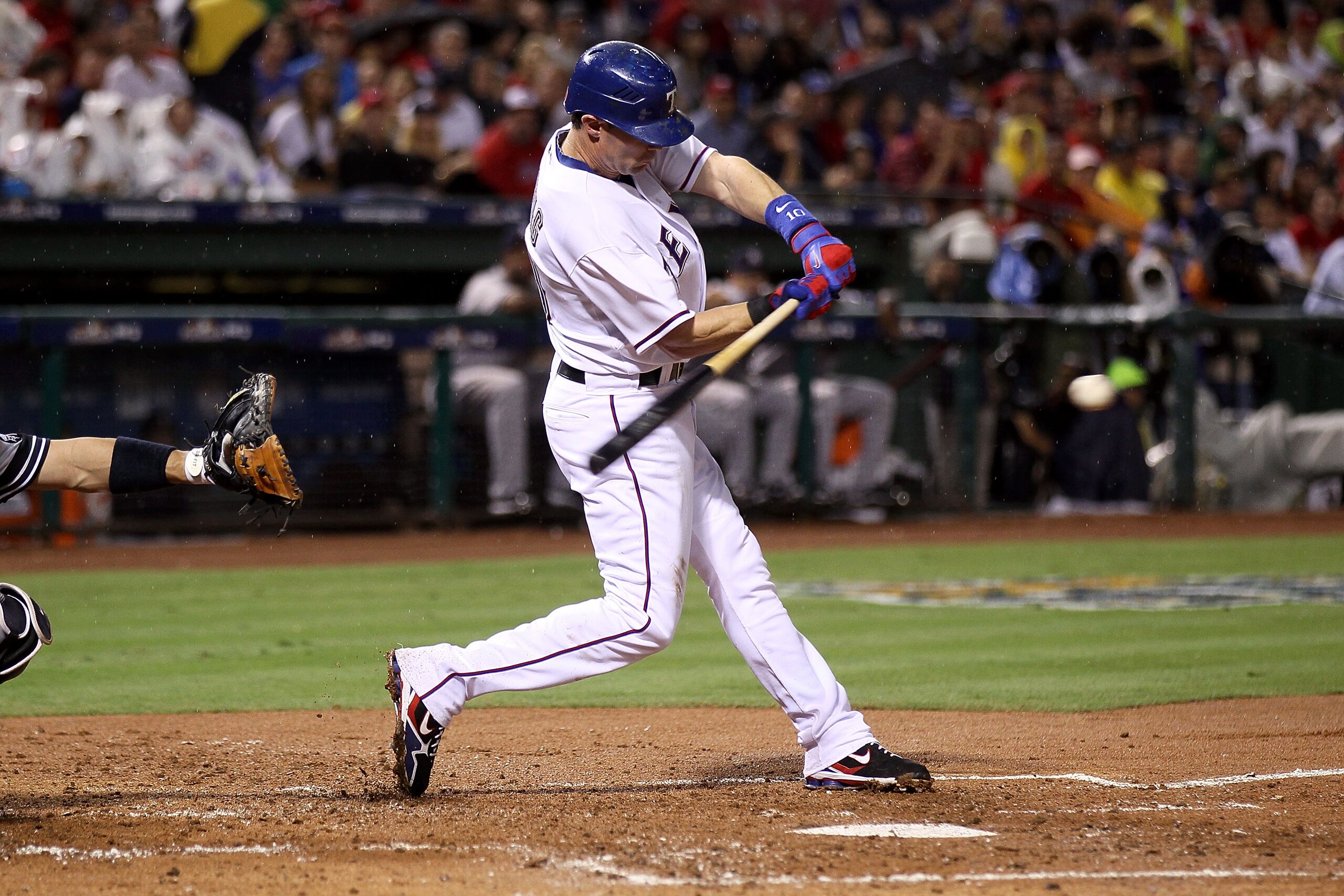 ARLINGTON, TX - OCTOBER 22:  Michael Young #10 of the Texas Rangers bats against the New York Yankees in Game Six of the ALCS during the 2010 MLB Playoffs at Rangers Ballpark in Arlington on October 22, 2010 in Arlington, Texas. The Rangers won 6-1.  (Pho