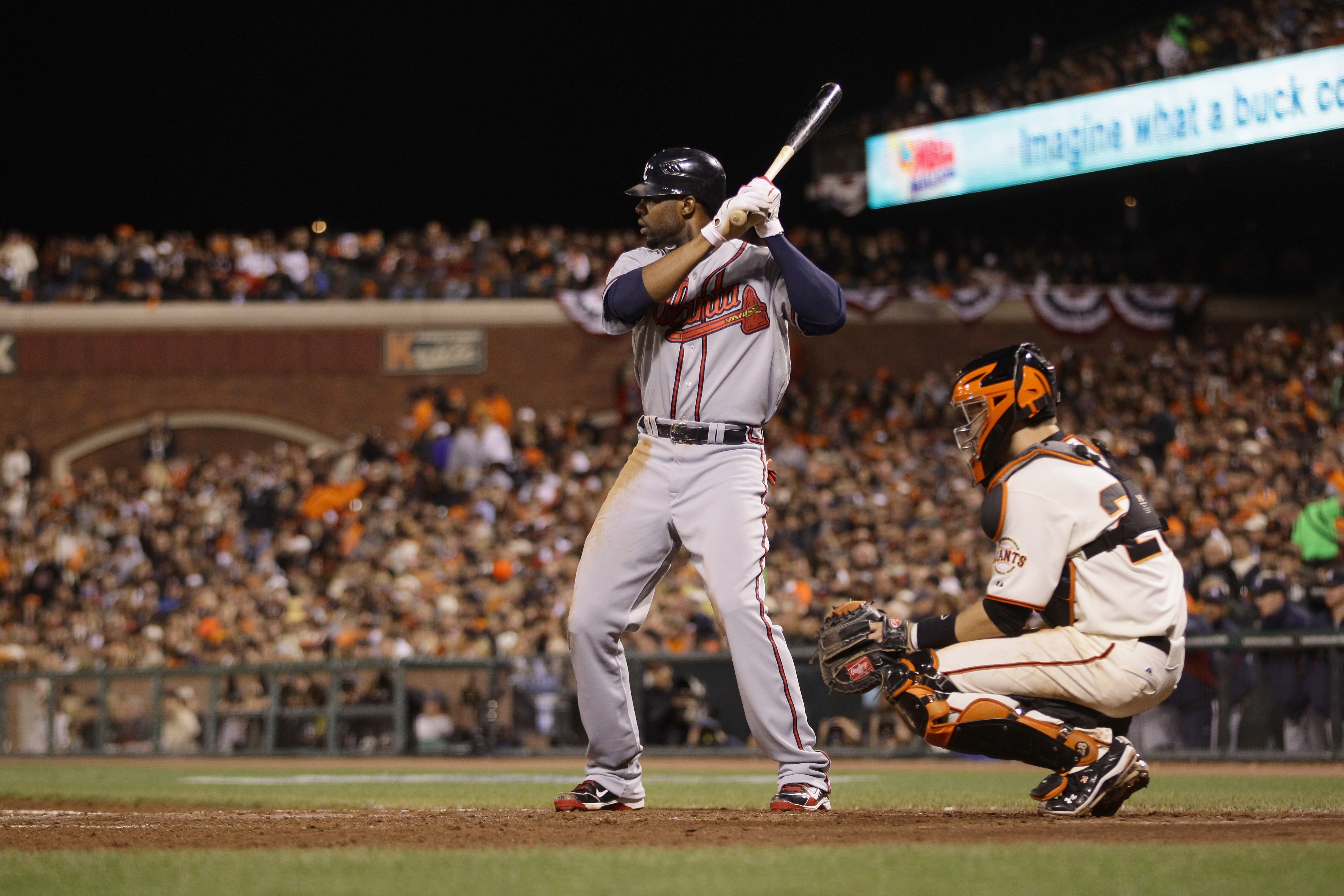 SAN FRANCISCO - OCTOBER 07:  Jason Heyward #22 of the Atlanta Braves bats against catcher Buster Posey #28 and the San Francisco Giants during game 1 of the NLDS at AT&T Park on October 7, 2010 in San Francisco, California.  (Photo by Ezra Shaw/Getty Imag