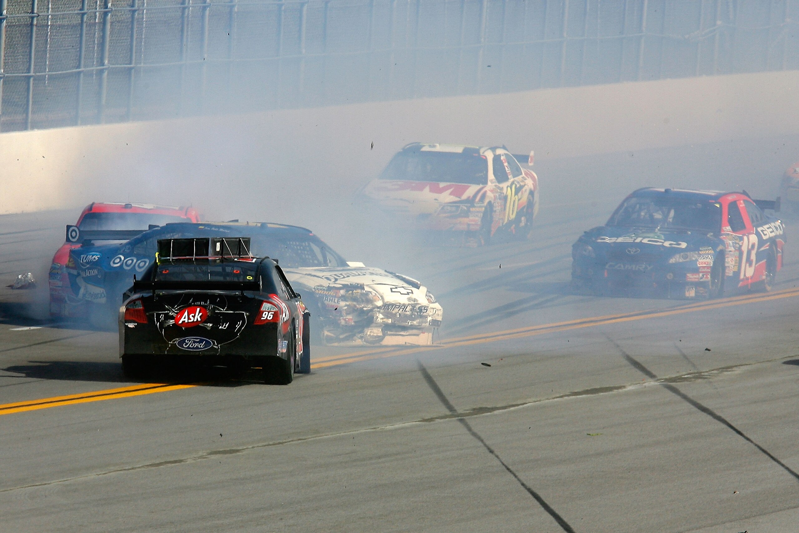 TALLADEGA, AL - APRIL 26:  Bobby Labonte, driver of the #96 Ask.com Ford is turned around during an on-track incident during the NASCAR Sprint Cup Series Aaron's 499 at Talladega Superspeedway on April 26, 2009 in Talladega, Alabama.  (Photo by Jason Smit
