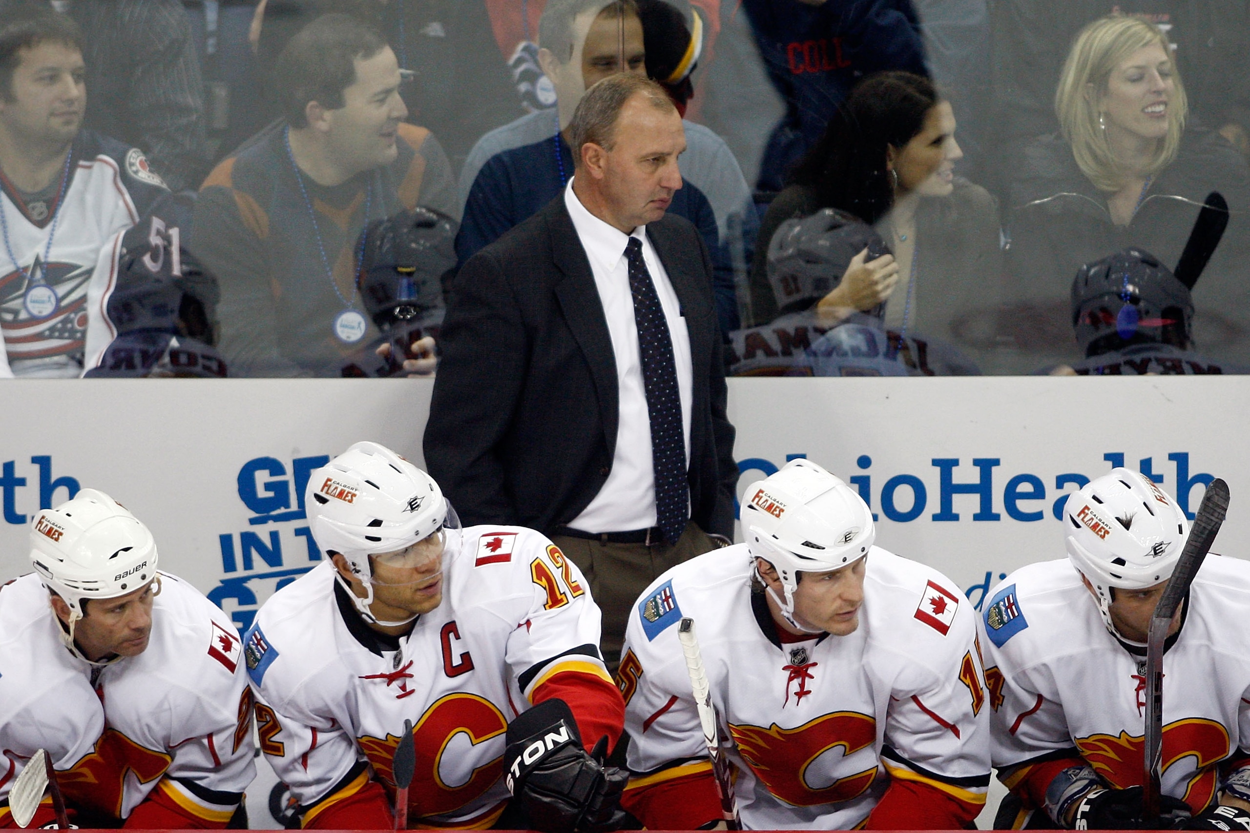 COLUMBUS, OH - OCTOBER 22:  Head Coach Brent Sutter of the Calgary Flames watches as his team takes on the Columbus Blue Jackets during the third period on October 22, 2010 at Nationwide Arena in Columbus, Ohio.  Calgary defeated Columbus 6-2. (Photo by J
