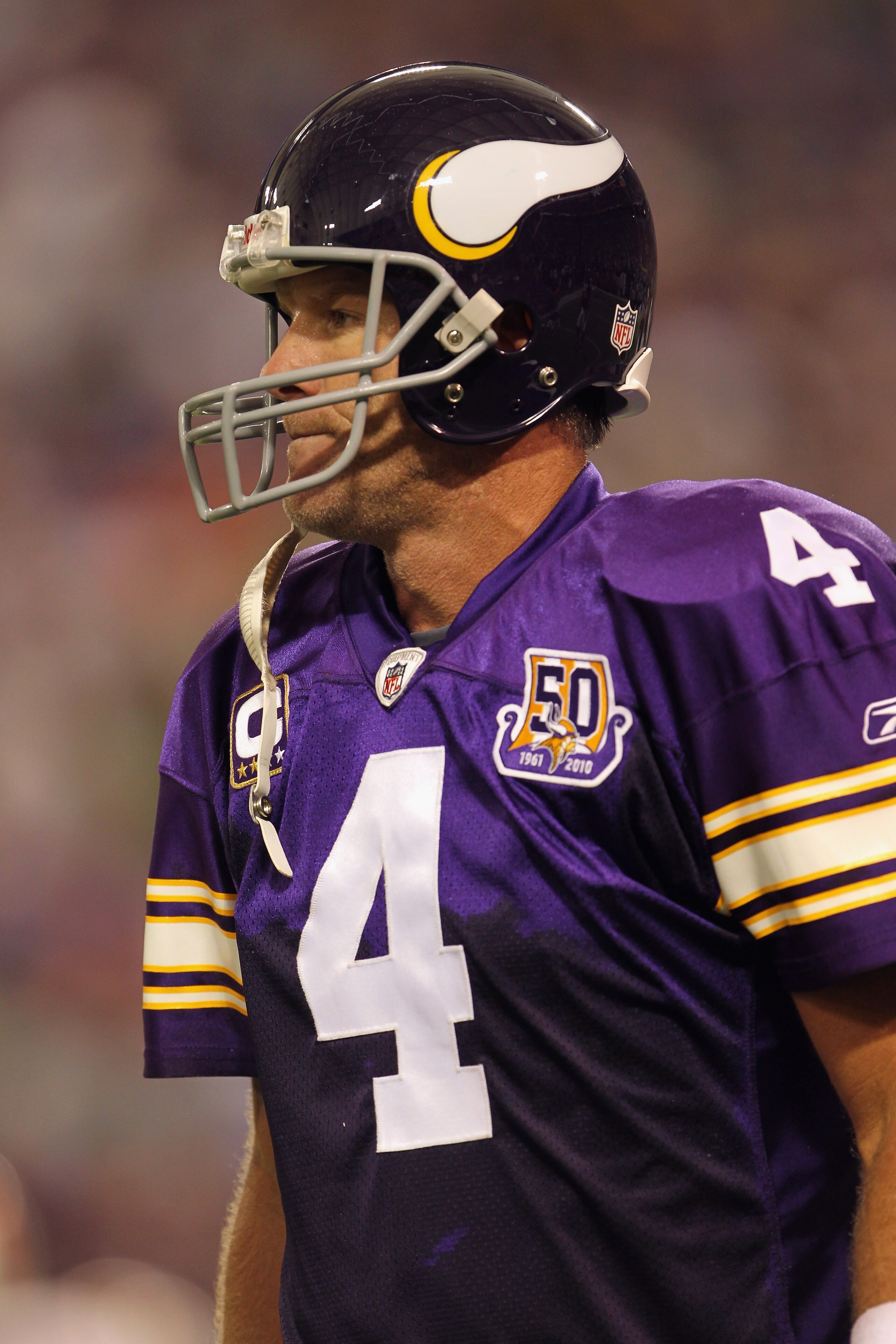 MINNEAPOLIS - SEPTEMBER 19:  Quarterback Brett Favre #4 of the Minnesota Vikings in action during the game against the Miami Dolphins on September 19, 2010 at Hubert H. Humphrey Metrodome in Minneapolis, Minnesota.  (Photo by Jamie Squire/Getty Images)