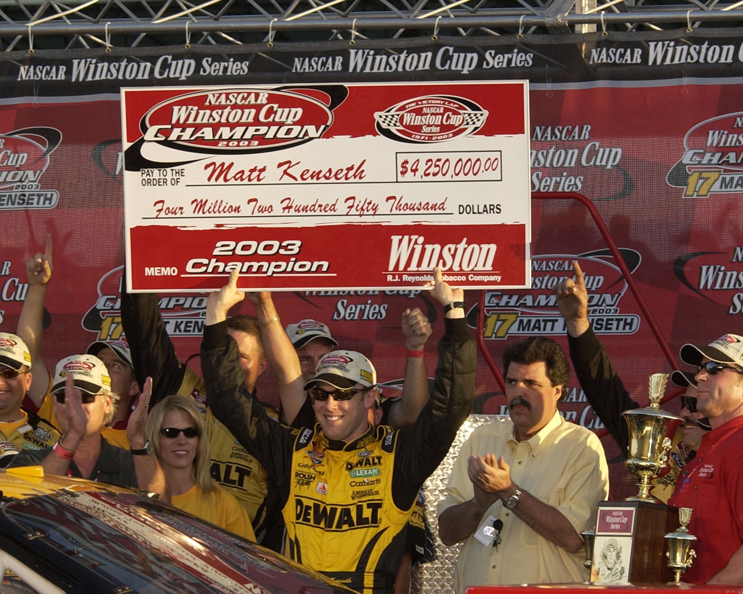 Matt Kenseth celebrates his season-ending points championship   Sunday, November 16, 2003  at the  Winston Cup  Ford 400 at Homestead-Miami Speedway. (Photo by A. Messerschmidt/Getty Images)