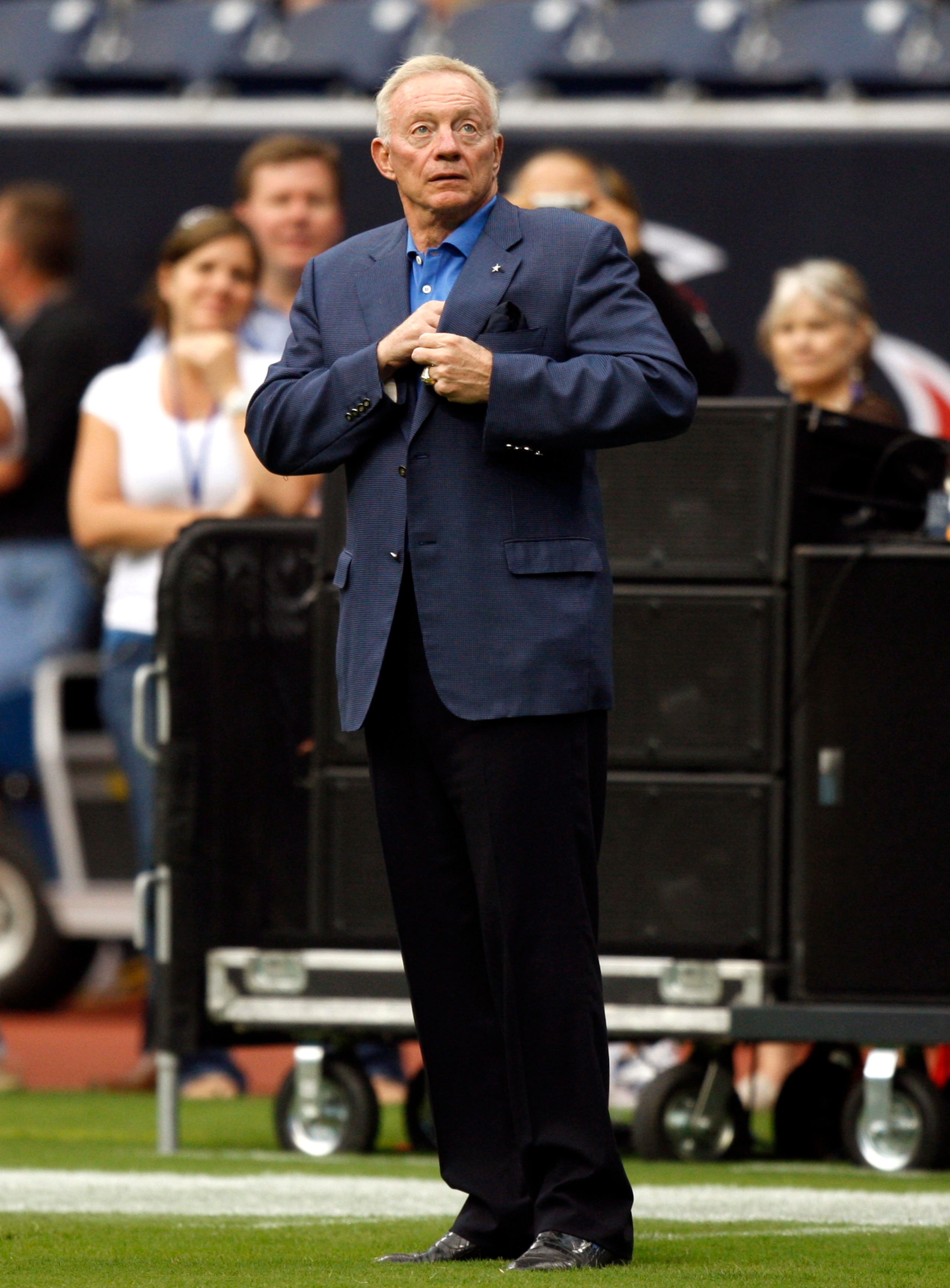 HOUSTON - AUGUST 28: Owner Jerry Jones of the Dallas Cowboys stands on the field before the Cowboys play the Houston Texans in a preseason game at Reliant Stadium on August 28, 2010 in Houston, Texas. (Photo by Bob Levey/Getty Images) HOUSTON - AUGUST 28: Owner Jerry Jones of the Dallas Cowboys stands on the field before the Cowboys play the Houston Texans in a preseason game at Reliant Stadium on August 28, 2010 in Houston, Texas. (Photo by Bob Levey/Getty Images)