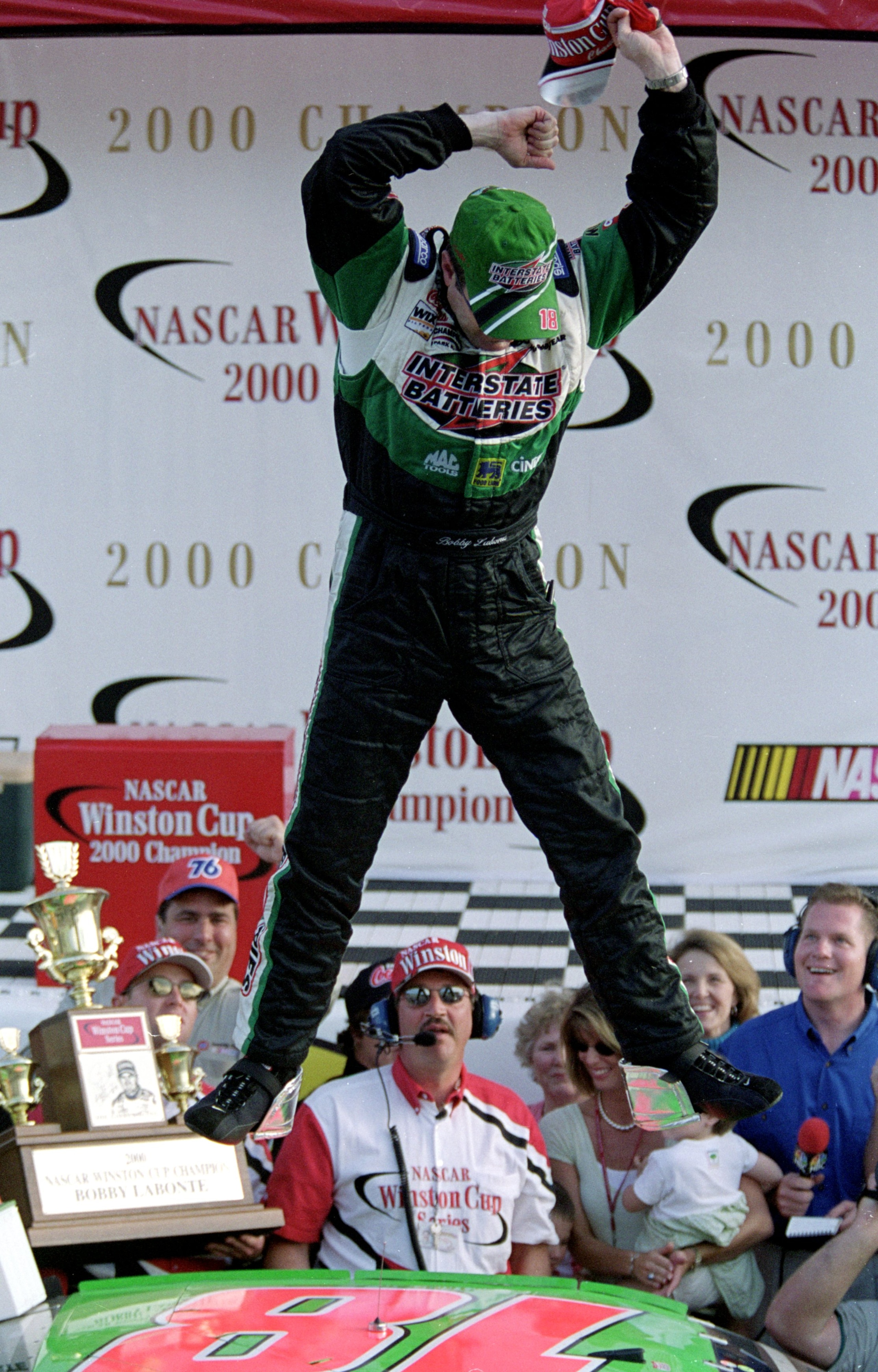 12 Nov 2000:  Driver Bobby Labonte #18 who drives a Pontiac Monte Carlo for Joe Gibbs Racing Celebrates after his win of the Pennzoil 400, part of the NASCAR Winston Cup Series at the Homestead Miami Speedway in Homestead, Florida.Mandatory Credit: Jon Fe