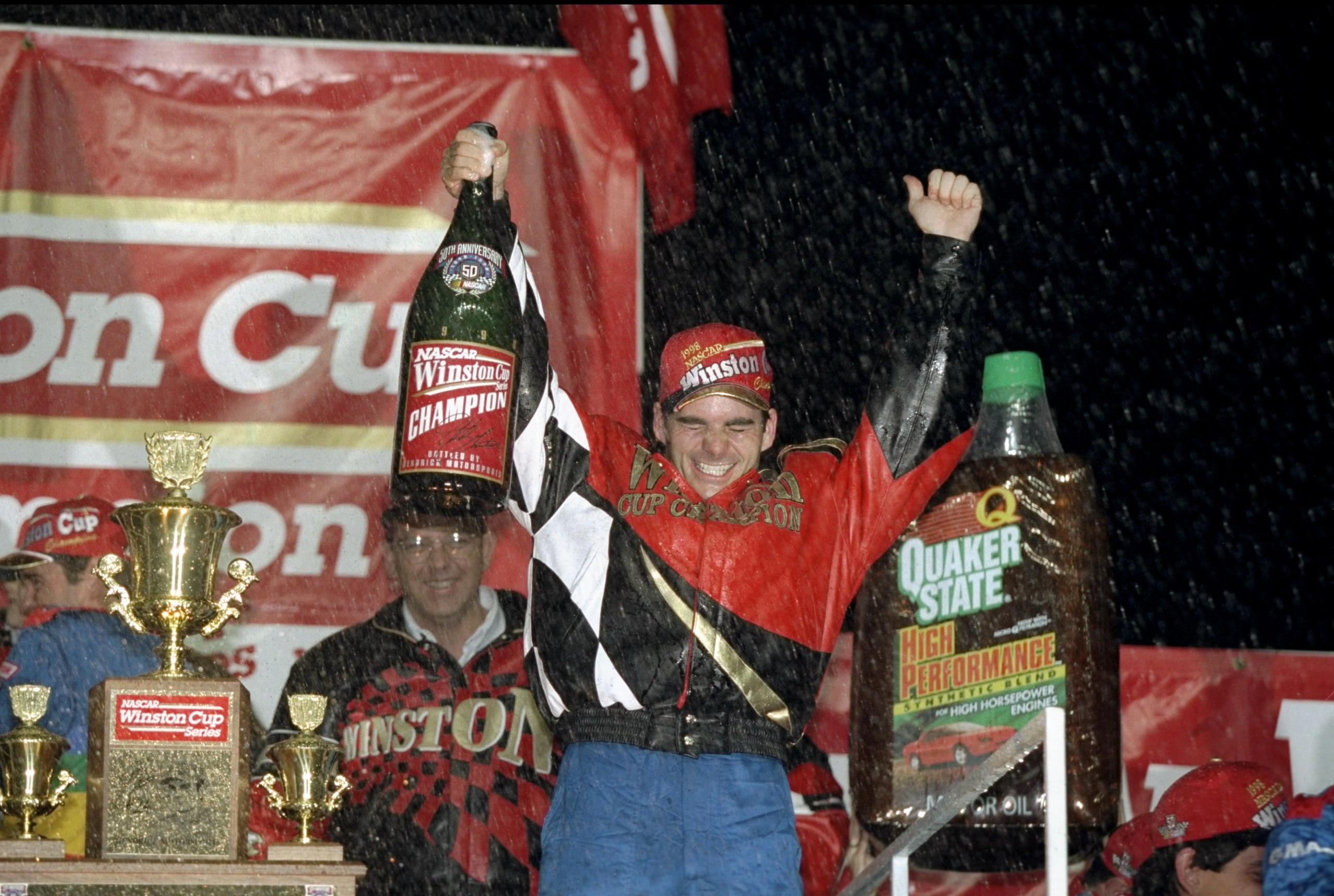 8 Nov 1998:  Jeff Gordon celebrates during the NASCAR Napa 500 at the Atlanta Motor Speedway in Hampton, Georgia. Mandatory Credit: David Taylor  /Allsport