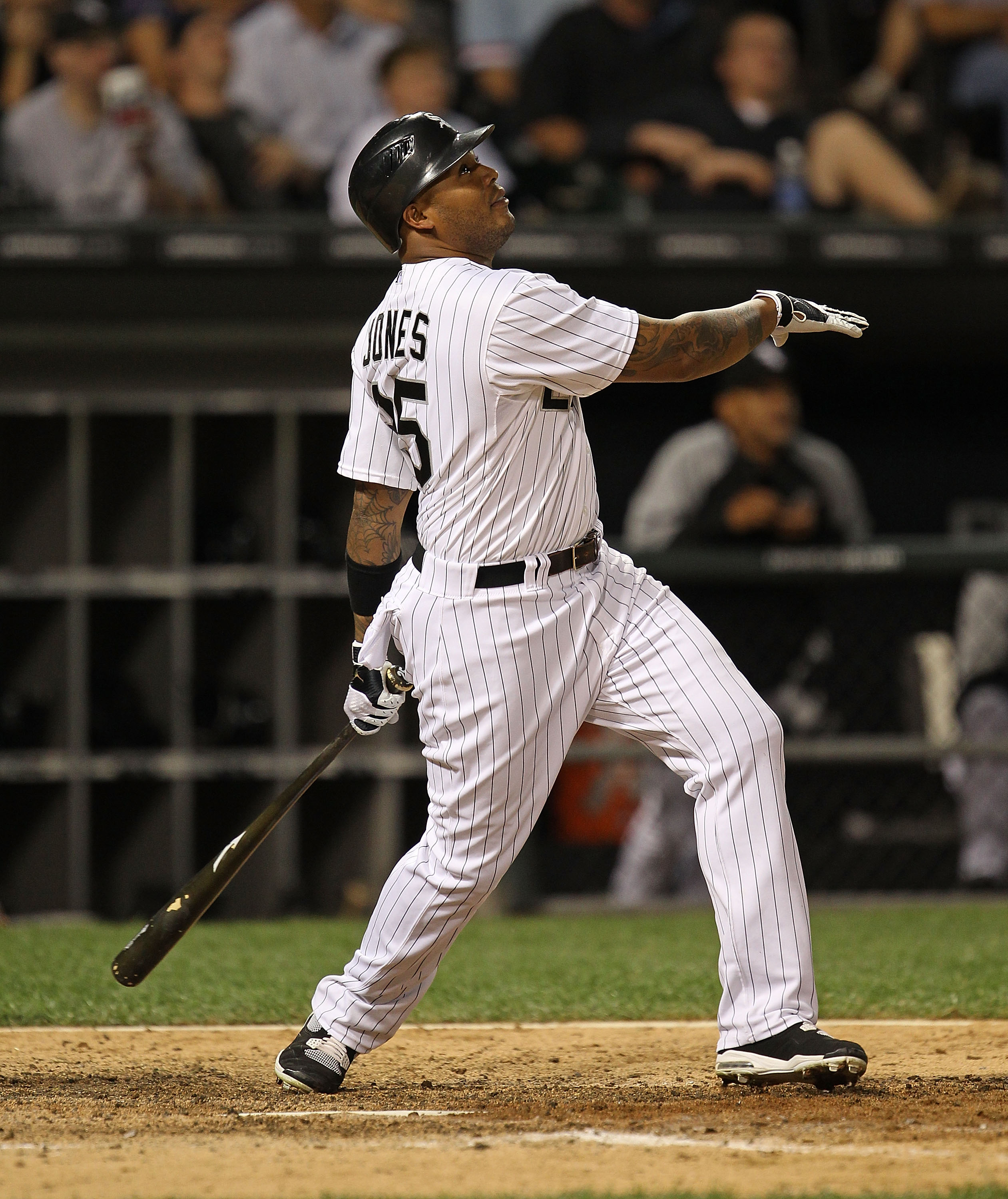 CHICAGO - AUGUST 25: Andruw Jones  #25 of the Chicago White Sox hits a fly ball against the Baltimore Orioles at U.S. Cellular Field on August 25, 2010 in Chicago, Illinois. The Orioles defeated the White Sox 4-2. (Photo by Jonathan Daniel/Getty Images)