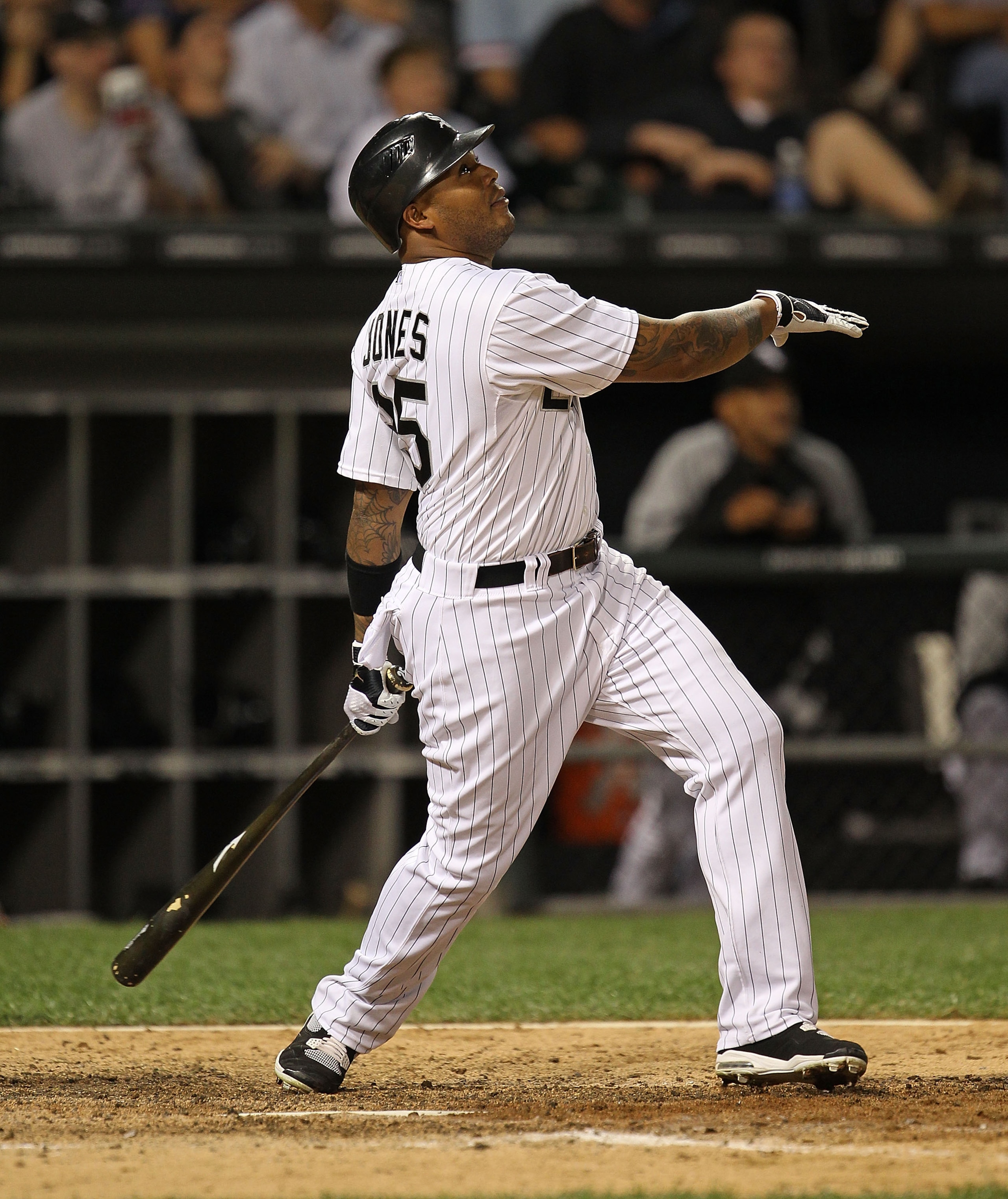 CHICAGO - AUGUST 25: Andruw Jones  #25 of the Chicago White Sox hits a fly ball against the Baltimore Orioles at U.S. Cellular Field on August 25, 2010 in Chicago, Illinois. The Orioles defeated the White Sox 4-2. (Photo by Jonathan Daniel/Getty Images)