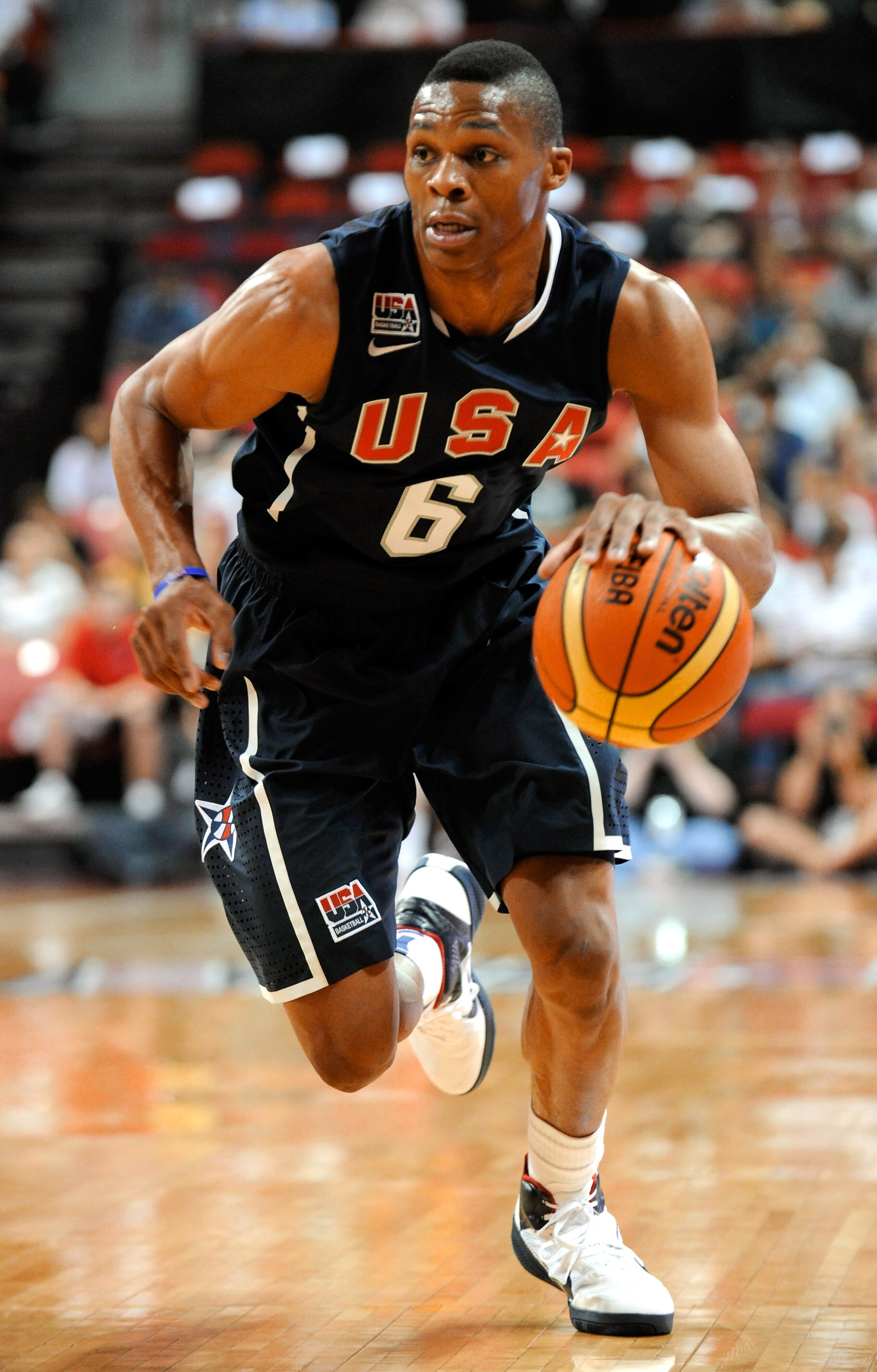 LAS VEGAS - JULY 24:  Russell Westbrook #6 of the 2010 USA Basketball Men's National Team drives the ball up the court during a USA Basketball showcase at the Thomas & Mack Center on July 24, 2010 in Las Vegas, Nevada.  (Photo by Ethan Miller/Getty Images