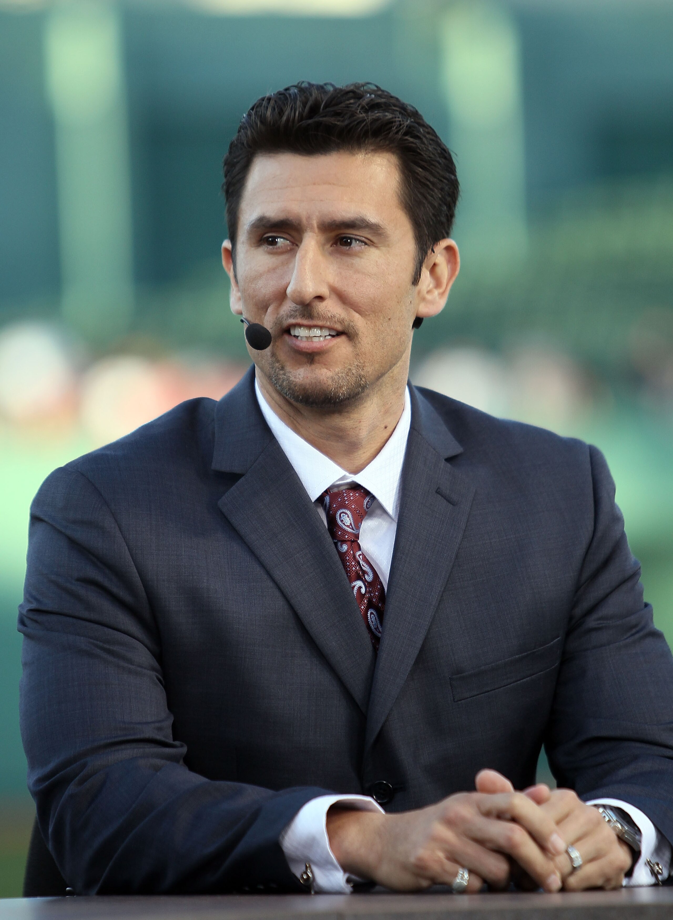BOSTON - APRIL 04:  Former Boston Red Sox shortstop Nomar Garciaparra participates in the pregame show before the home opener against the New York Yankees on April 4, 2010 during Opening Night at Fenway Park in Boston, Massachusetts.  (Photo by Elsa/Getty