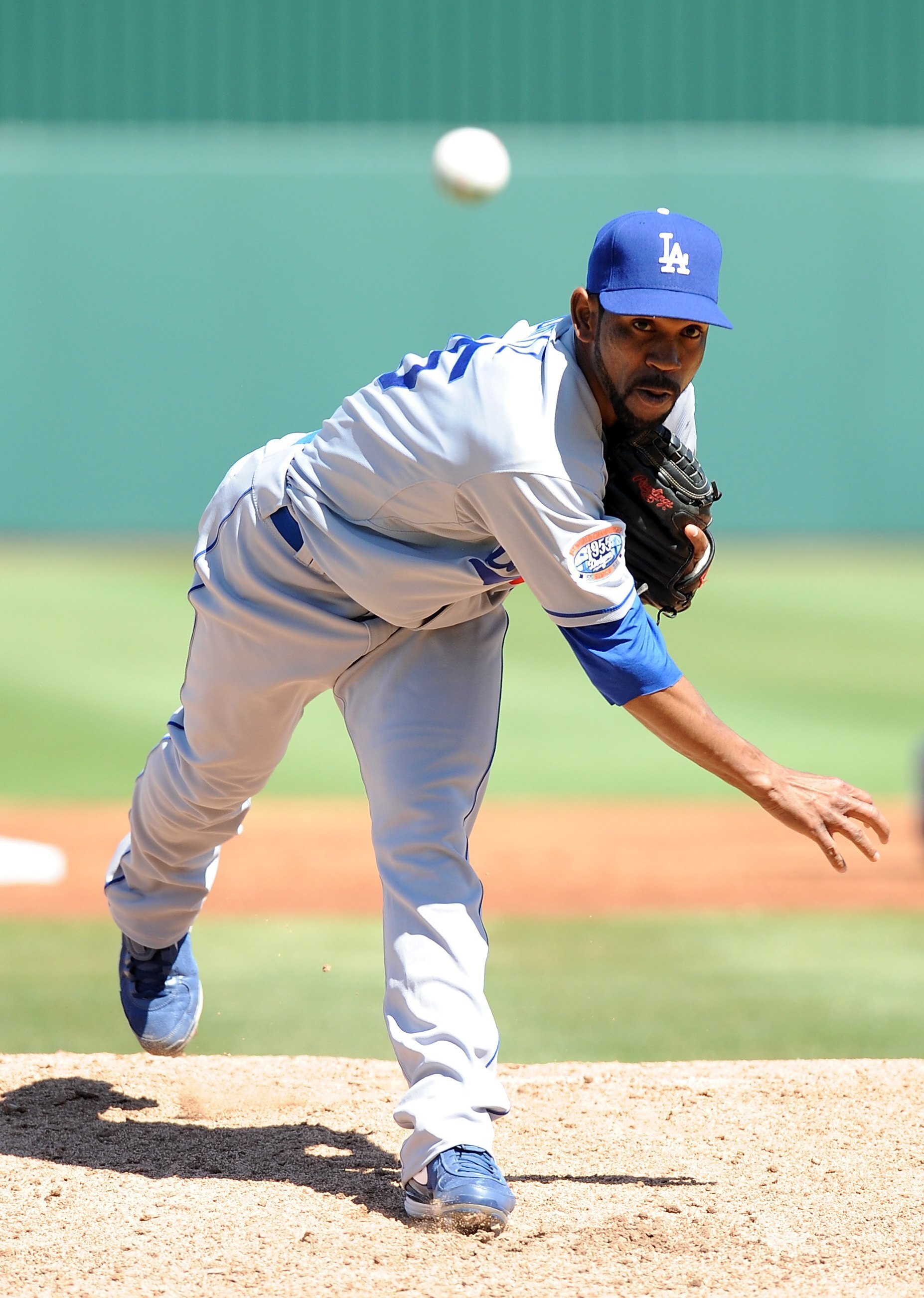 TEMPE, AZ - MARCH 15:  Ramon Ortiz #35 of the Los Angeles Dodgers pitches during a Spring Training game against the Los Angeles Angels of Anaheim on March 15, 2010 at Tempe Diablo Stadium in Tempe, Arizona.  (Photo by Lisa Blumenfeld/Getty Images)