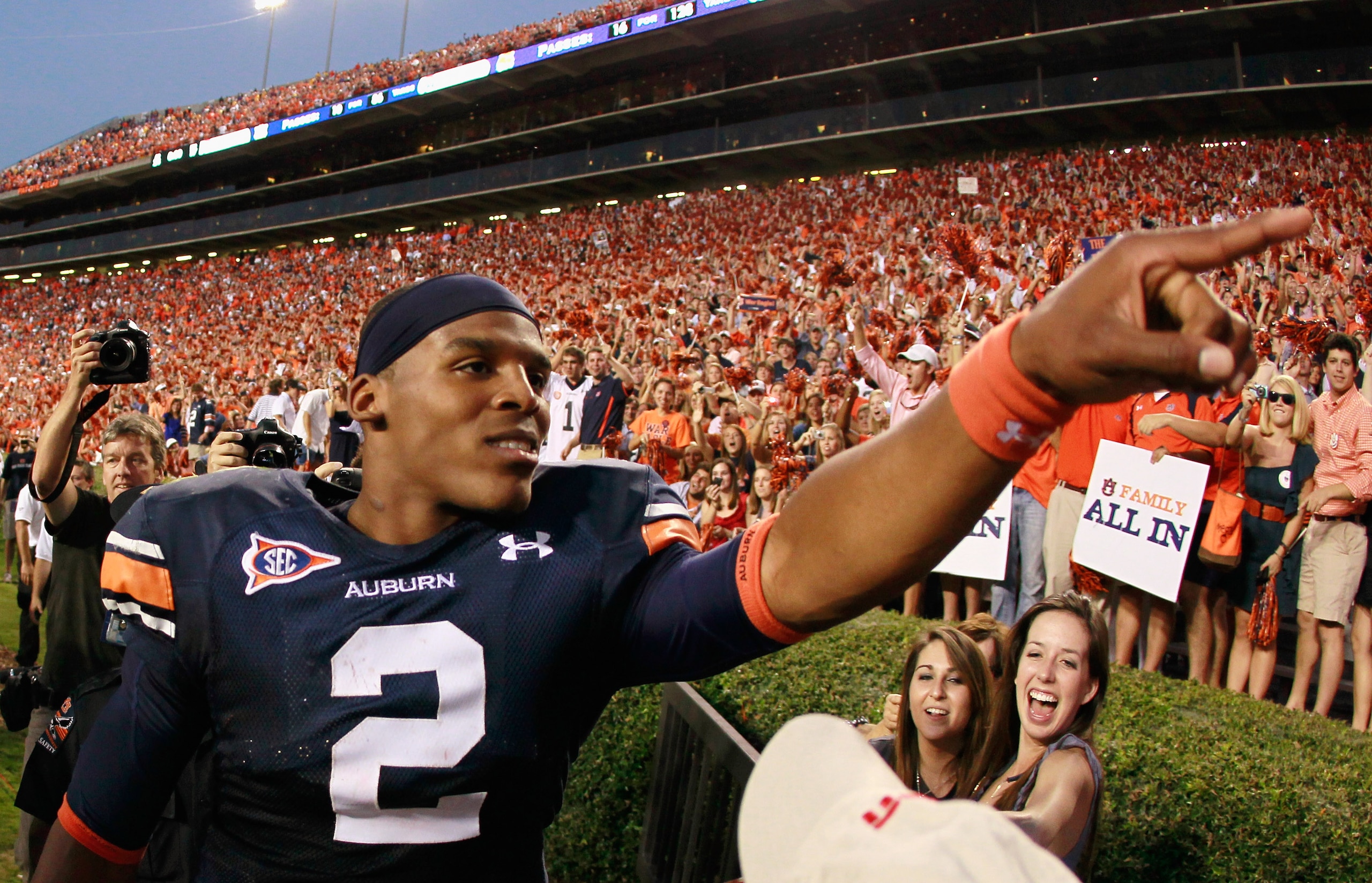 AUBURN, AL - OCTOBER 23:  Quarterback Cameron Newton #2 of the Auburn Tigers celebrates with the fans after their 24-17 over the LSU Tigers at Jordan-Hare Stadium on October 23, 2010 in Auburn, Alabama.  (Photo by Kevin C. Cox/Getty Images)