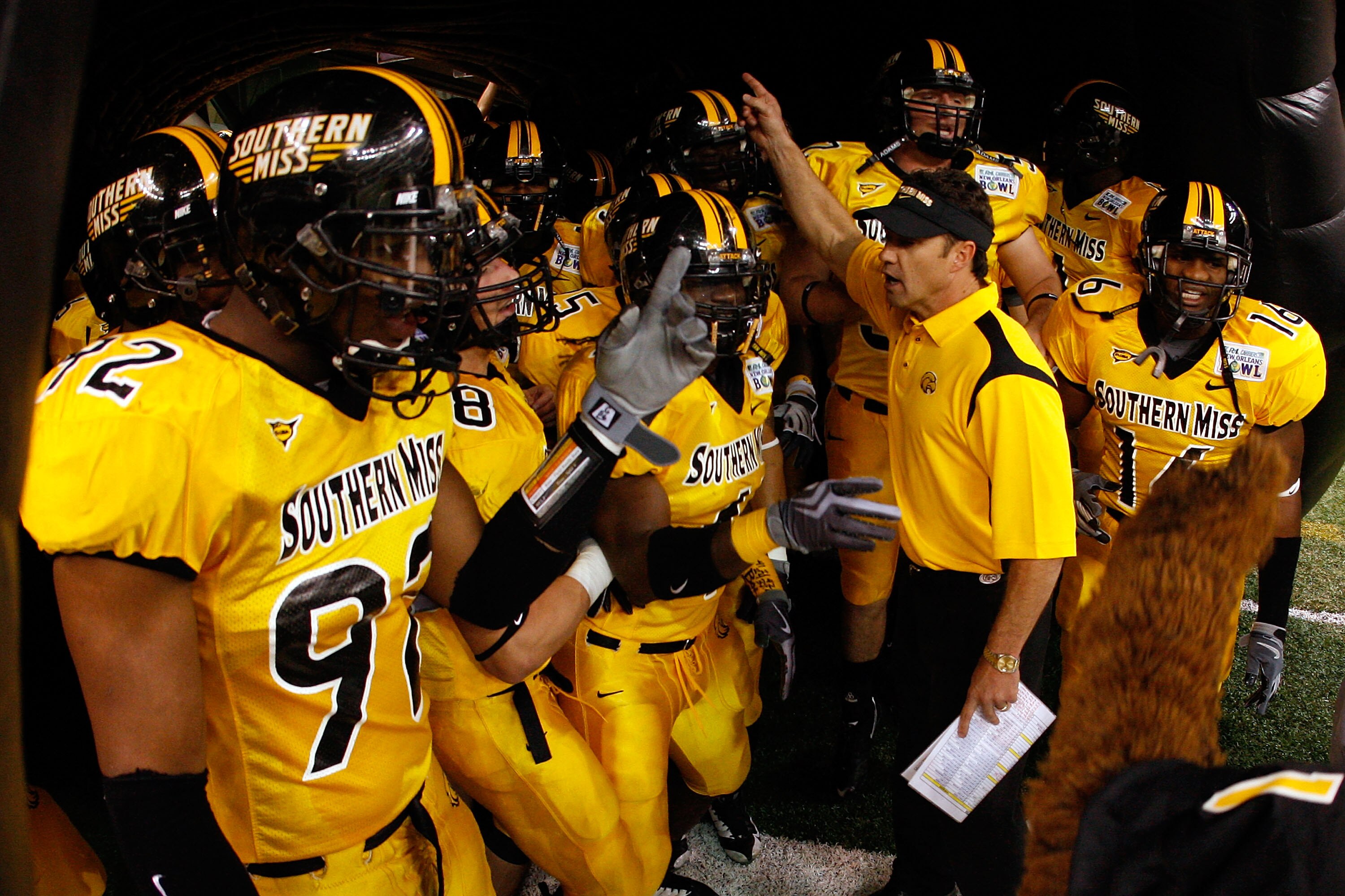 NEW ORLEANS - DECEMBER 21:  Members of the Southern Mississippi Golden Eagles prepare to take the field against the Troy Trojans during the R+L Carriers New Orleans Bowl on December 21, 2008 at the Superdome in New Orleans, Louisiana.  (Photo by Chris Gra