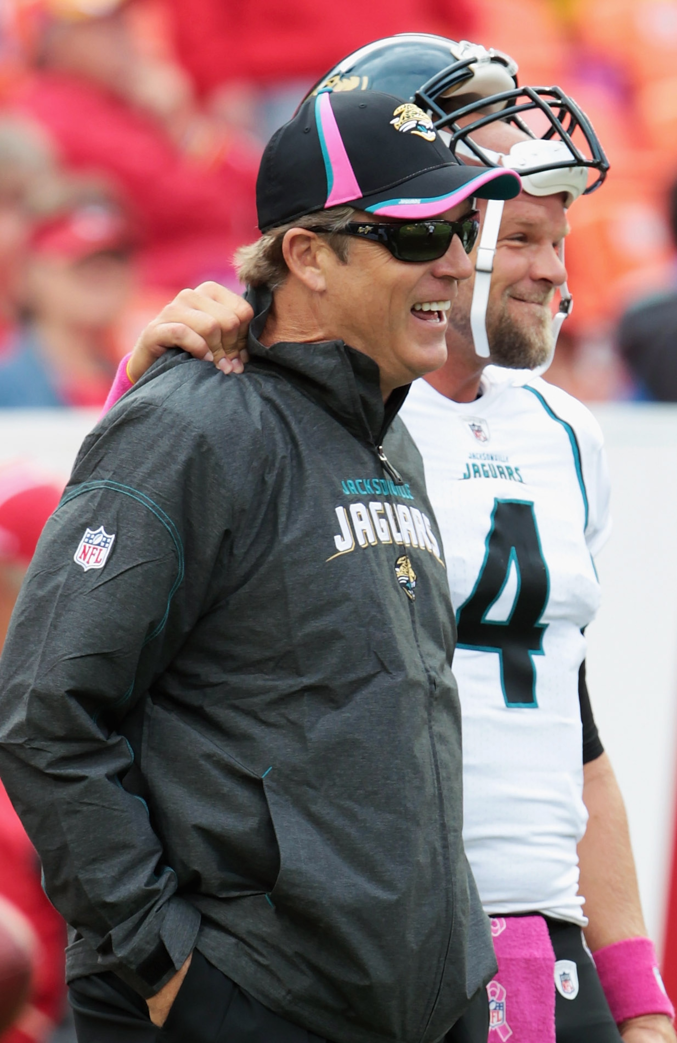 KANSAS CITY, MO - OCTOBER 24:  Head coach Jack Del Rio of the Jacksonville Jaguars jokes with starting quarterback Todd Bouman #4 during the game against the Kansas City Chiefs on October 24, 2010 at Arrowhead Stadium in Kansas City, Missouri.  (Photo by