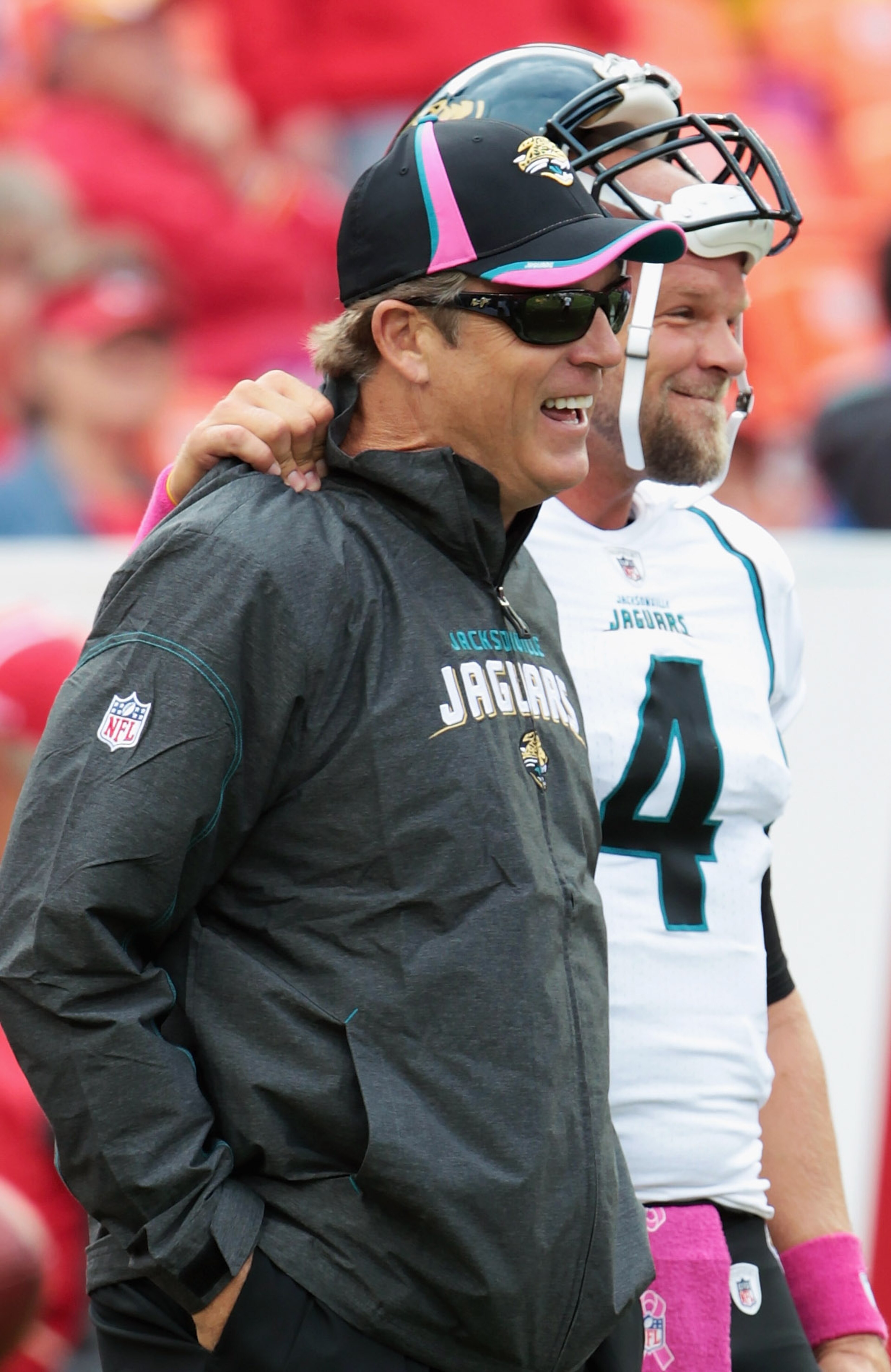 KANSAS CITY, MO - OCTOBER 24:  Head coach Jack Del Rio of the Jacksonville Jaguars jokes with starting quarterback Todd Bouman #4 during the game against the Kansas City Chiefs on October 24, 2010 at Arrowhead Stadium in Kansas City, Missouri.  (Photo by