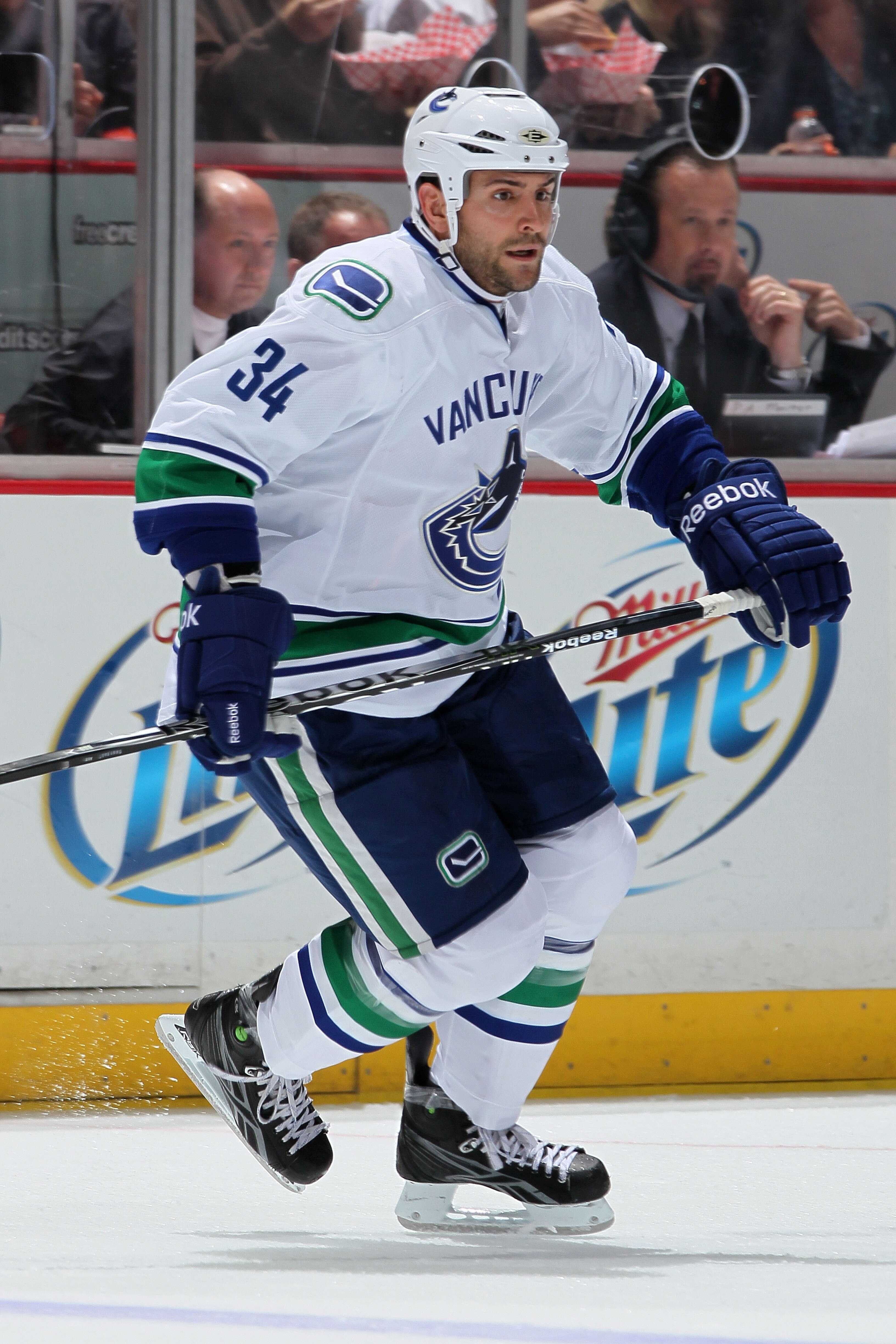 ANAHEIM, CA - OCTOBER 13:  Guillaume Desbiens #34 of the Vancouver Canucks skates on the ice against the Anaheim Ducks at Honda Center on October 13, 2010 in Anaheim, California.  (Photo by Jeff Gross/Getty Images)