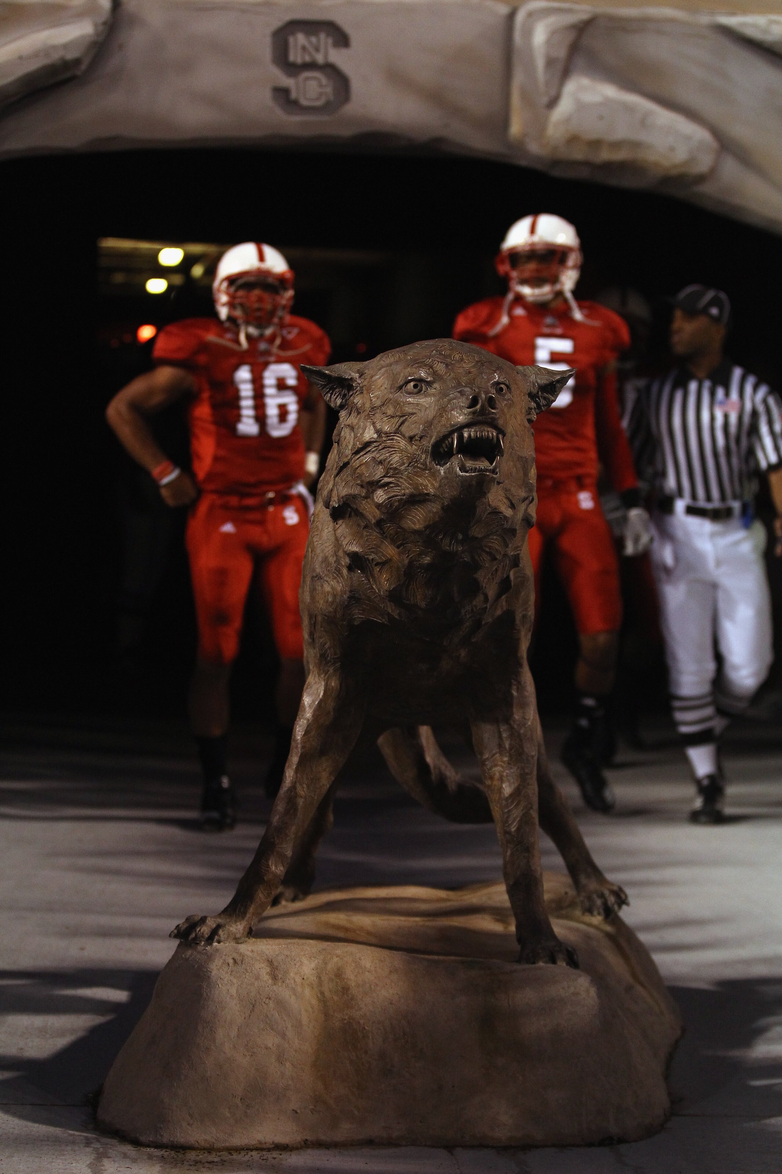 RALEIGH, NC - SEPTEMBER 16:  The North Carolina State Wolfpack prepare to enter the field before their game against the Cincinnati Bearcats at Carter-Finley Stadium on September 16, 2010 in Raleigh, North Carolina.  (Photo by Streeter Lecka/Getty Images)
