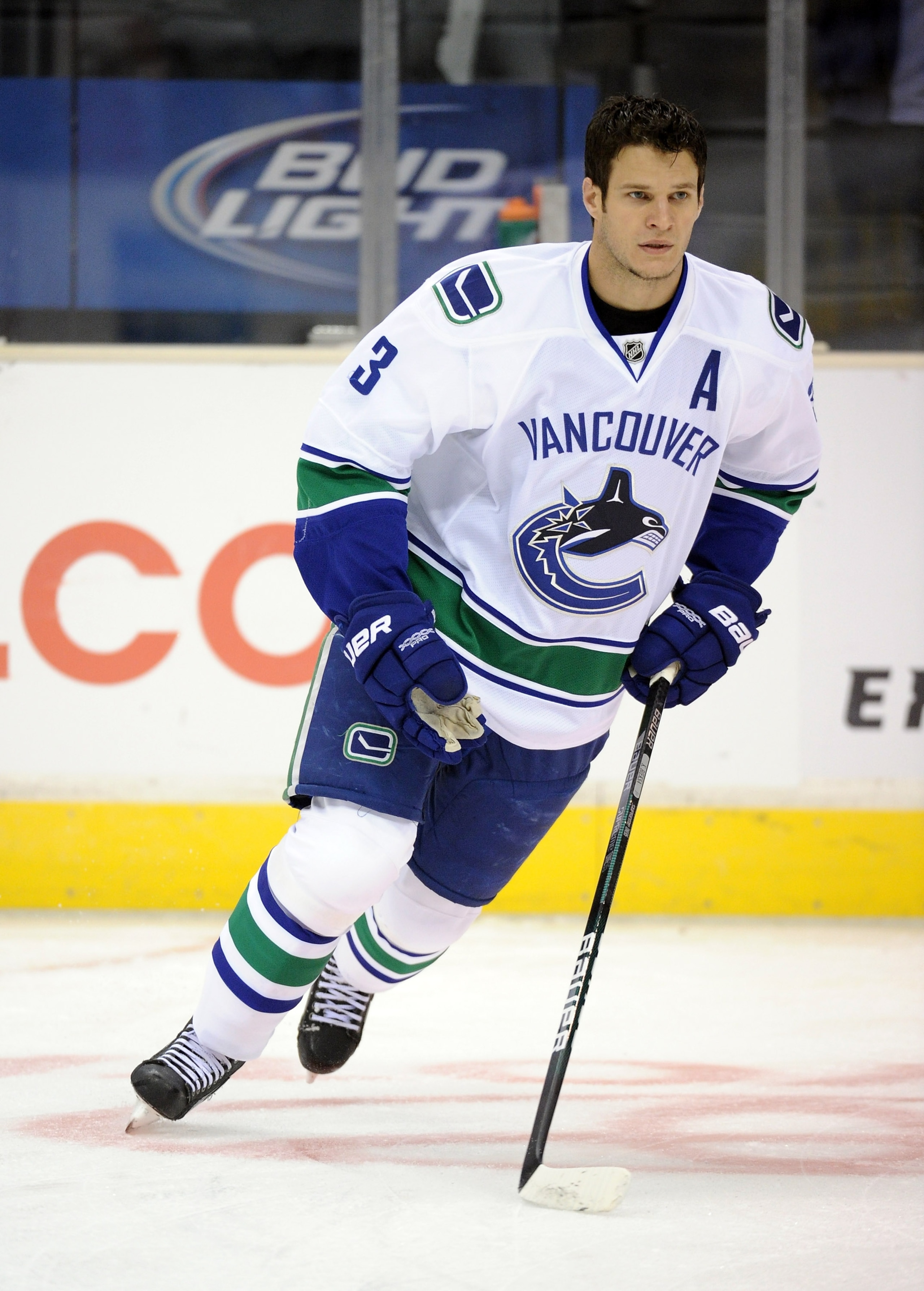 LOS ANGELES, CA - OCTOBER 15:  Kevin Bieksa #3 of the Vancouver Canucks warms up against the Los Angeles Kings at the Staples Center on October 15, 2010 in Los Angeles, California.  (Photo by Harry How/Getty Images)