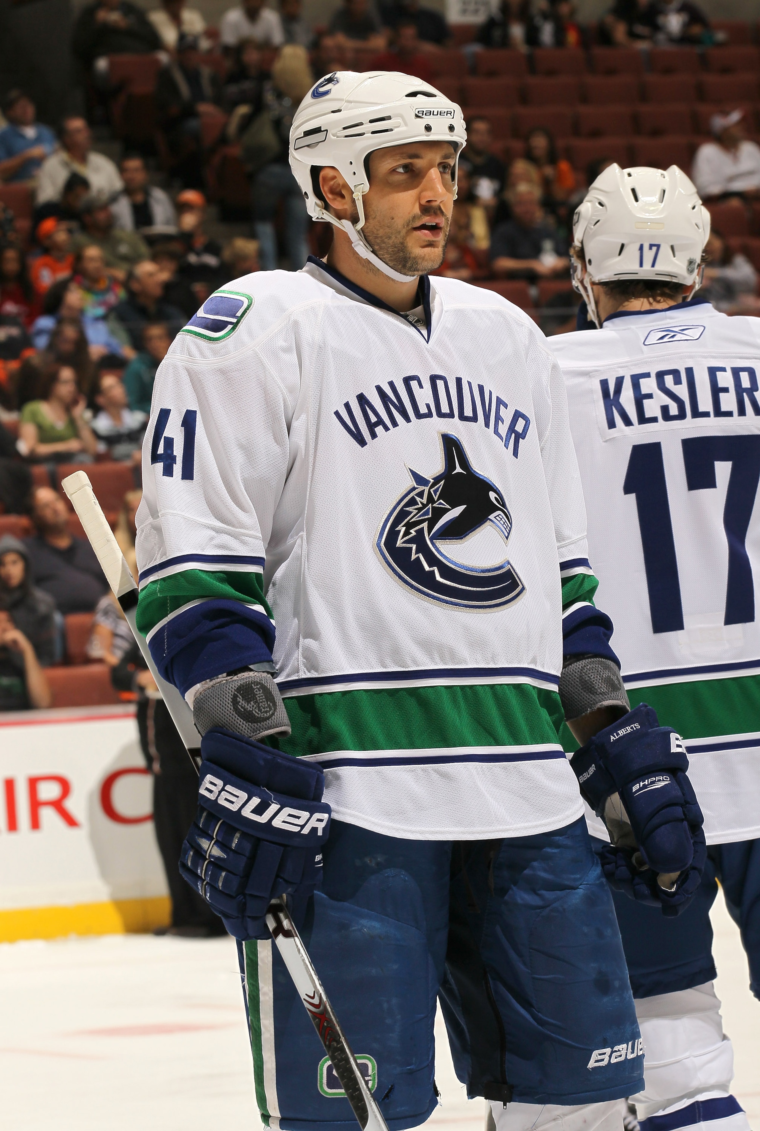 ANAHEIM, CA - OCTOBER 01:  Andrew Alberts #41 of the Vancouver Canucks plays against the Anaheim Ducks at Honda Center on October 1, 2010 in Anaheim, California.  Vancouver won 4-2.  (Photo by Stephen Dunn/Getty Images)