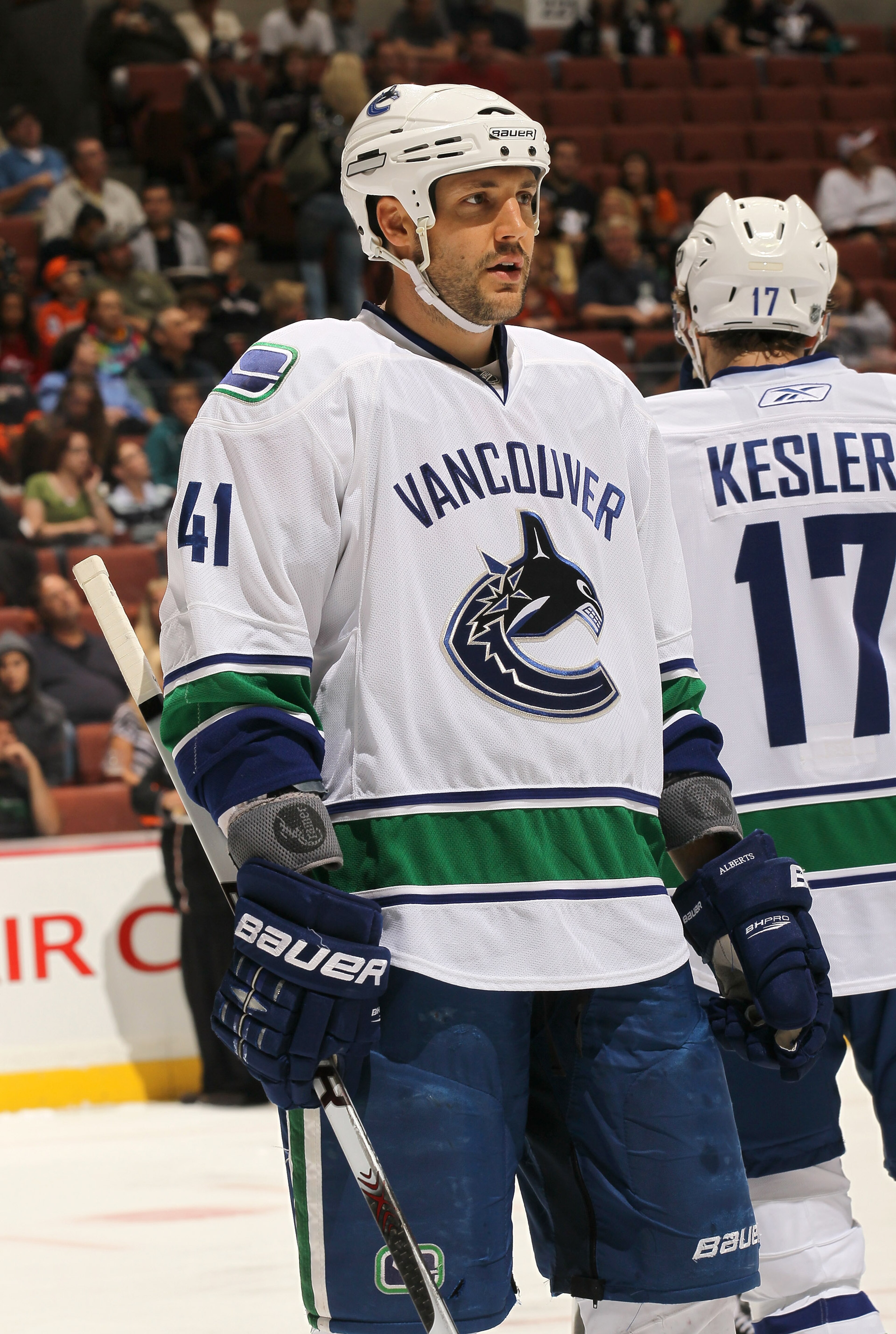 ANAHEIM, CA - OCTOBER 01:  Andrew Alberts #41 of the Vancouver Canucks plays against the Anaheim Ducks at Honda Center on October 1, 2010 in Anaheim, California.  Vancouver won 4-2.  (Photo by Stephen Dunn/Getty Images)