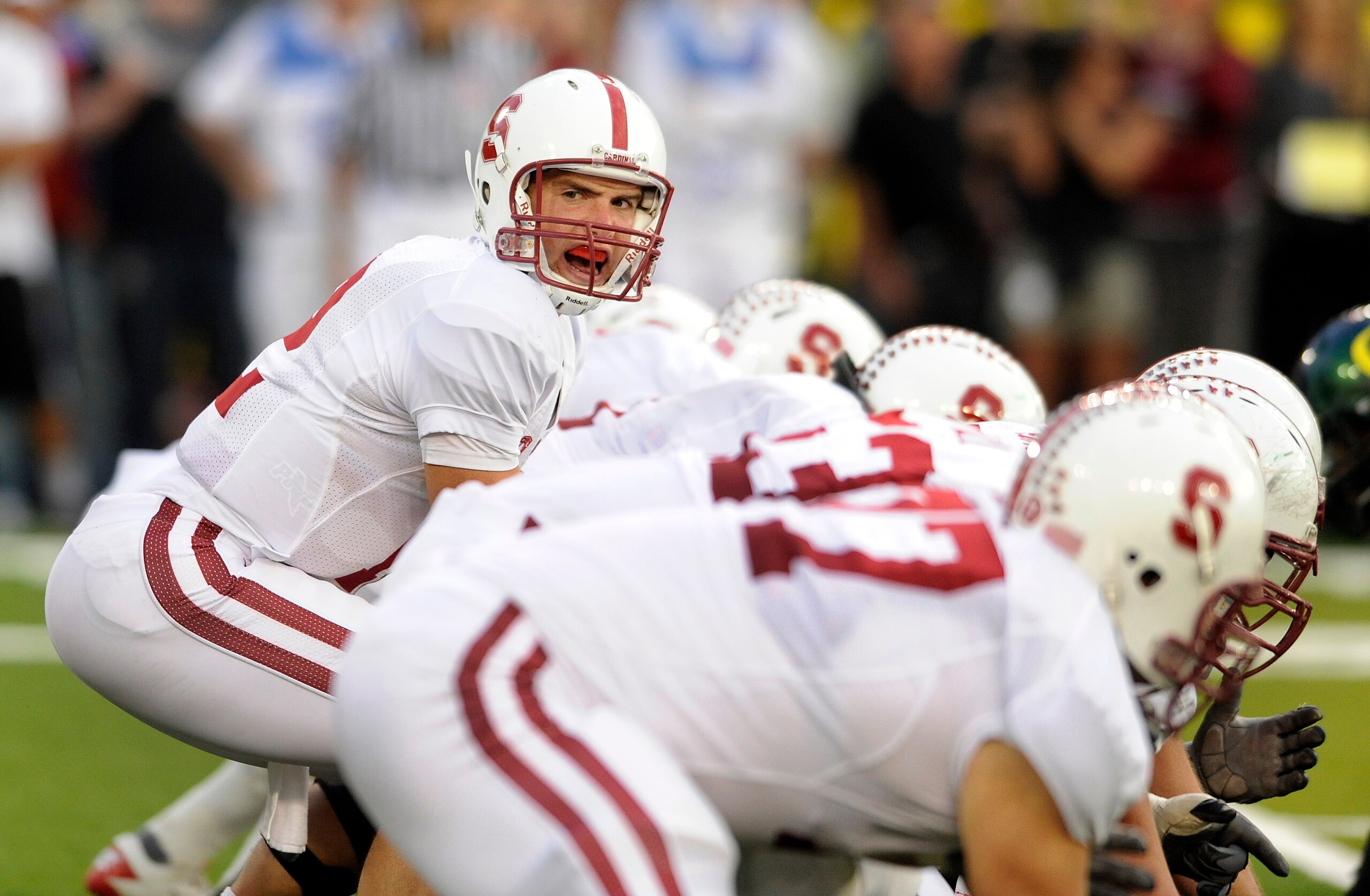 EUGENE, OR - OCTOBER 2: Quarterback Andrew Luck #12 of the Stanford Cardinal calls out signals at the line of scrimmage in the third quarter of the game against the Oregon Ducks at Autzen Stadium on October 2, 2010 in Eugene, Oregon. Oregon won the game 5