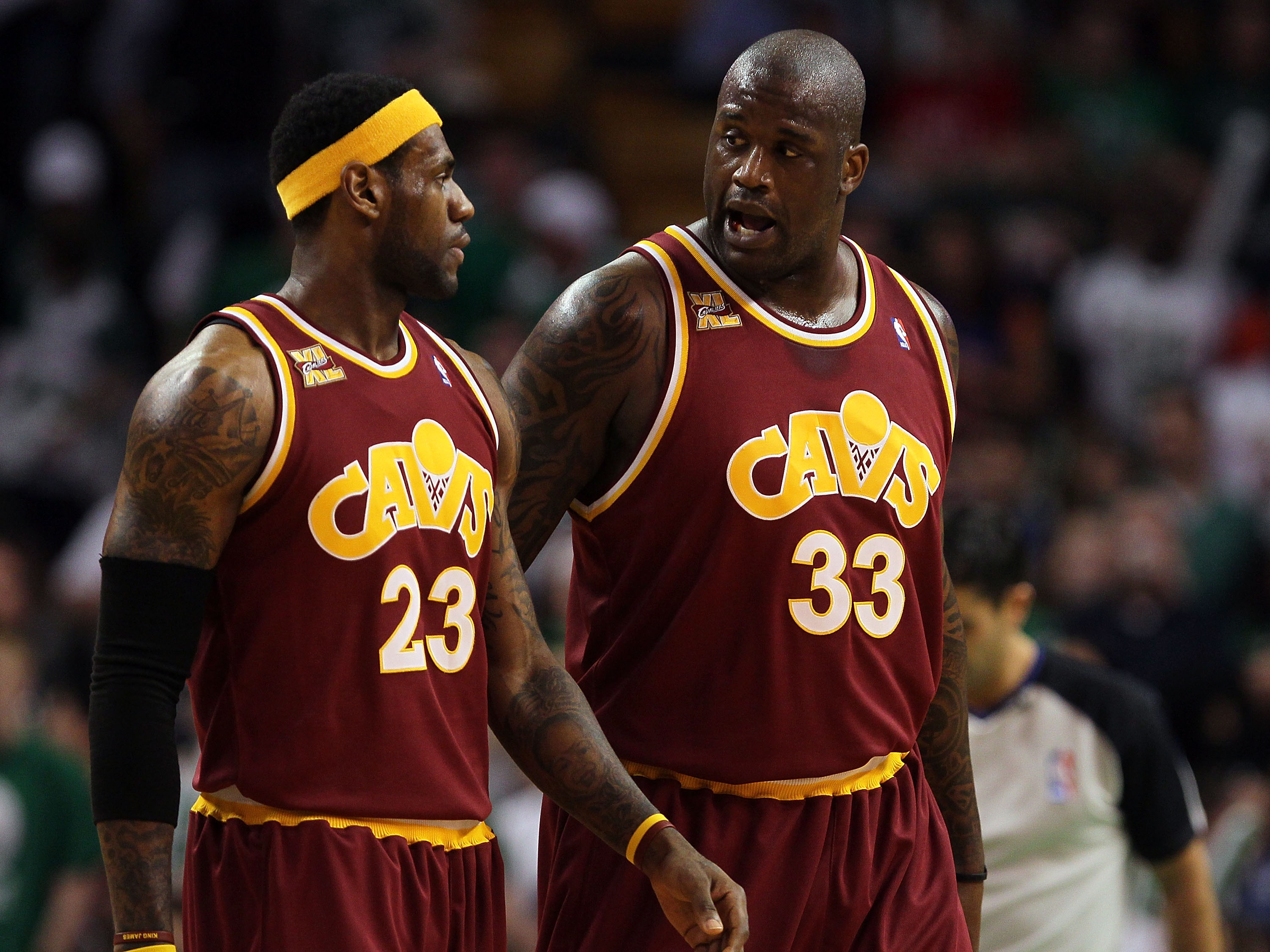 BOSTON - MAY 07: LeBron James #23 and Shaquille O'Neal #33 of the Cleveland Cavaliers confer during action against the Boston Celtics in Game Three of the Eastern Conference Semifinals of the 2010 NBA Playoffs at TD Banknorth Garden on May 7, 2010 in Bo BOSTON - MAY 07: LeBron James #23 and Shaquille O'Neal #33 of the Cleveland Cavaliers confer during action against the Boston Celtics in Game Three of the Eastern Conference Semifinals of the 2010 NBA Playoffs at TD Banknorth Garden on May 7, 2010 in Bo