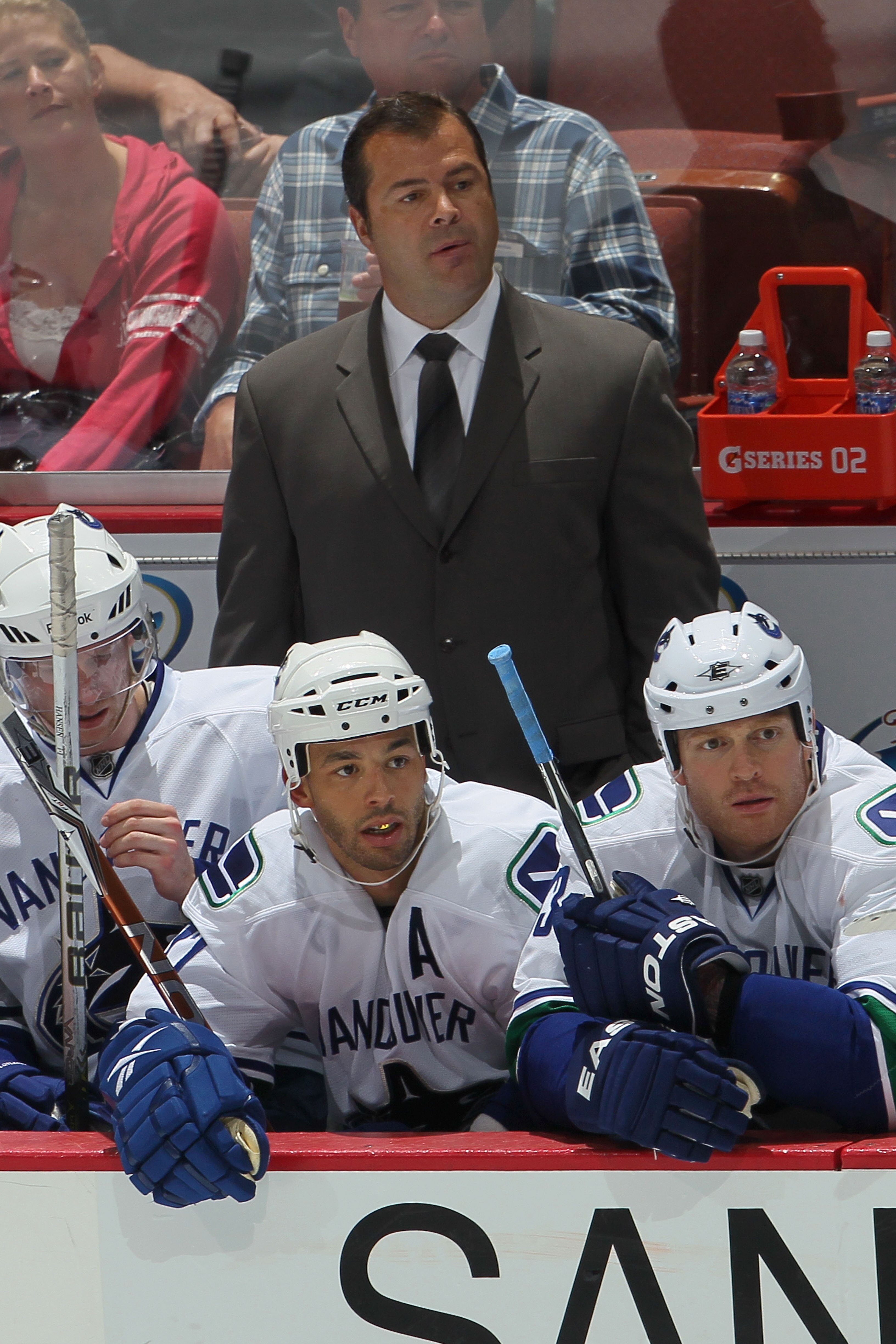 ANAHEIM, CA - OCTOBER 13:  Alain Vigneault, head coach of the Vancouver Canucks looks on from the bench during their game against the Anaheim Ducks at Honda Center on October 13, 2010 in Anaheim, California.  (Photo by Jeff Gross/Getty Images)