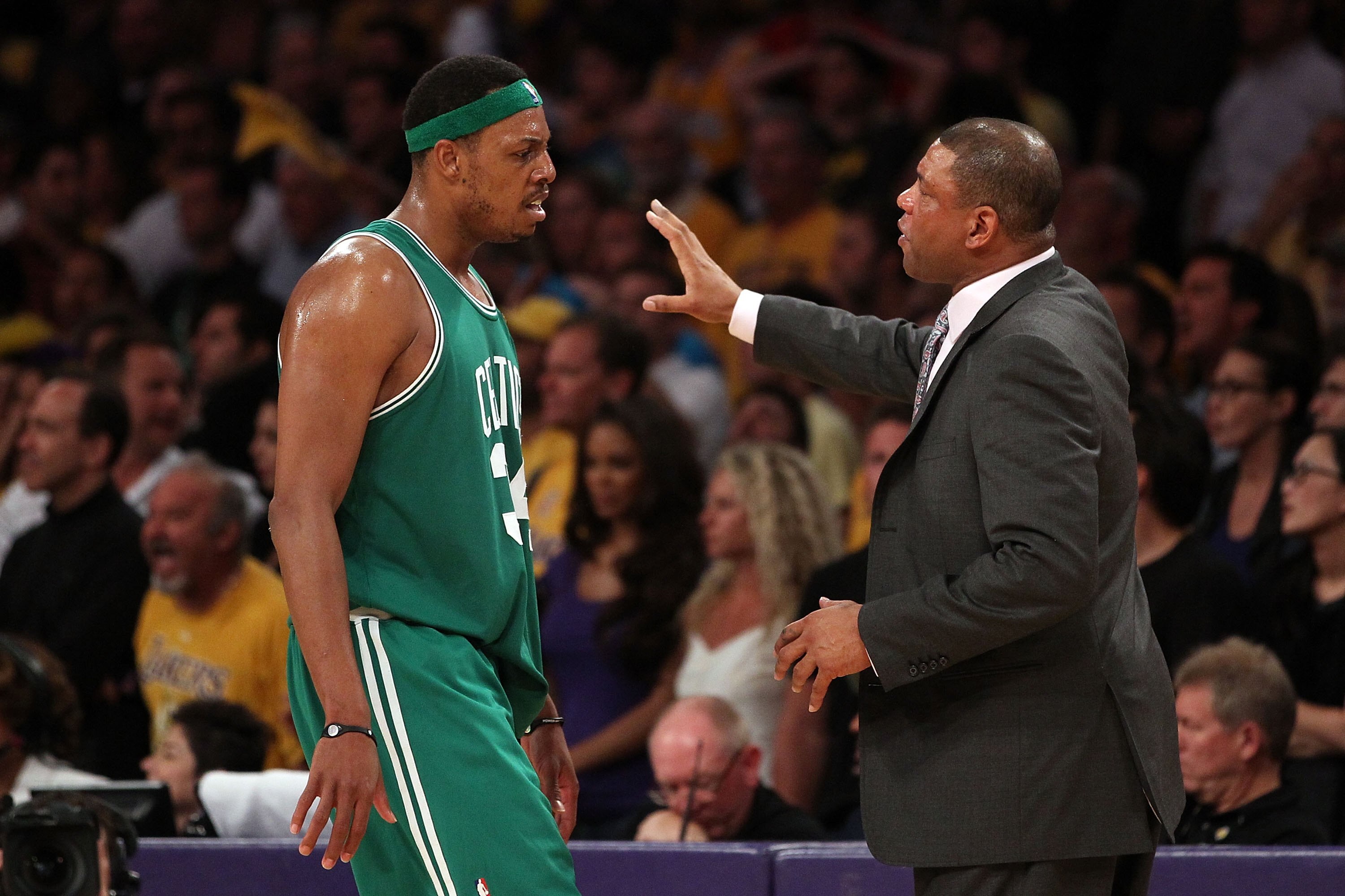 LOS ANGELES, CA - JUNE 17: Head coach Doc Rivers of the Boston Celtics talks with Paul Pierce #34 while taking on the Los Angeles Lakers in Game Seven of the 2010 NBA Finals at Staples Center on June 17, 2010 in Los Angeles, California. NOTE TO USER: Us LOS ANGELES, CA - JUNE 17: Head coach Doc Rivers of the Boston Celtics talks with Paul Pierce #34 while taking on the Los Angeles Lakers in Game Seven of the 2010 NBA Finals at Staples Center on June 17, 2010 in Los Angeles, California. NOTE TO USER: Us