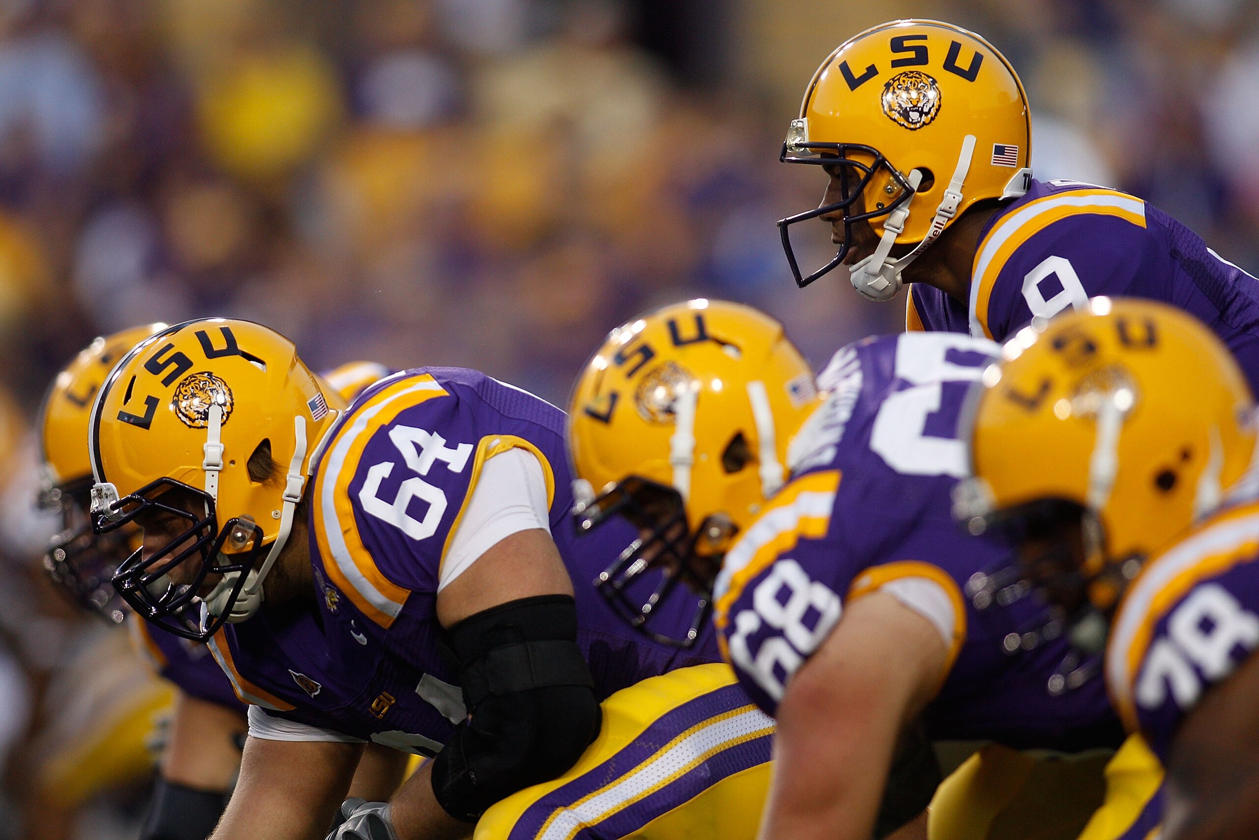 BATON ROUGE, LA - OCTOBER 16:   Jordan Jefferson #9 of the Louisiana State University Tigers waits to hike the ball during the game against  the McNeese State Cowboys at Tiger Stadium on October 16, 2010 in Baton Rouge, Louisiana.  The Tigers defeated the