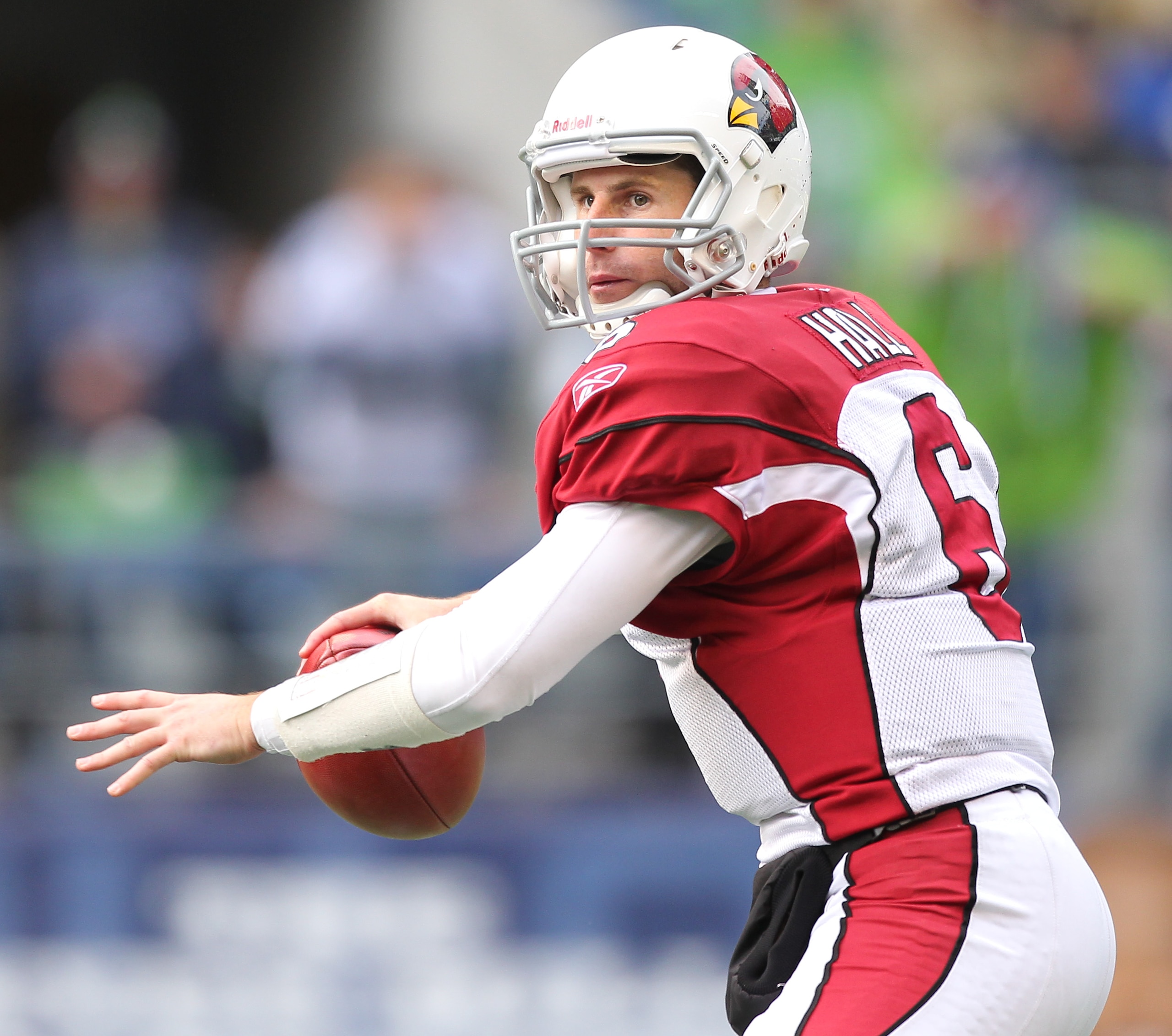 SEATTLE - OCTOBER 24:  Quarterback Max Hall #6 of the Arizona Cardinals looks downfield against the Seattle Seahawks at Qwest Field on October 24, 2010 in Seattle, Washington. (Photo by Otto Greule Jr/Getty Images)