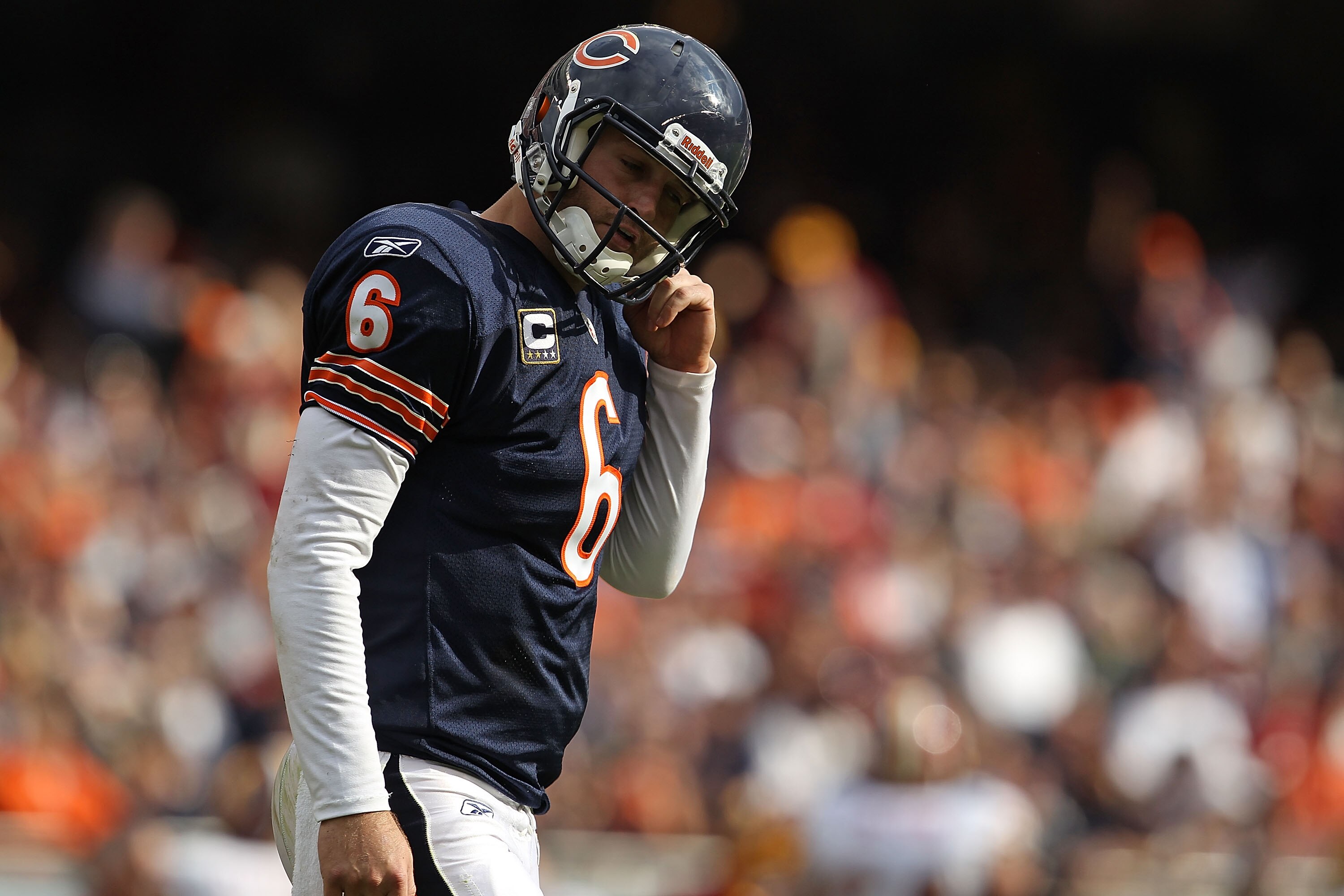 CHICAGO - OCTOBER 24: Jay Cutler #6 of the Chicago Bears walks off the field after throwing an interception against the Washington Redskins at Soldier Field on October 24, 2010 in Chicago, Illinois. The Redskins defeated the Bears 17-14. (Photo by Jonatha