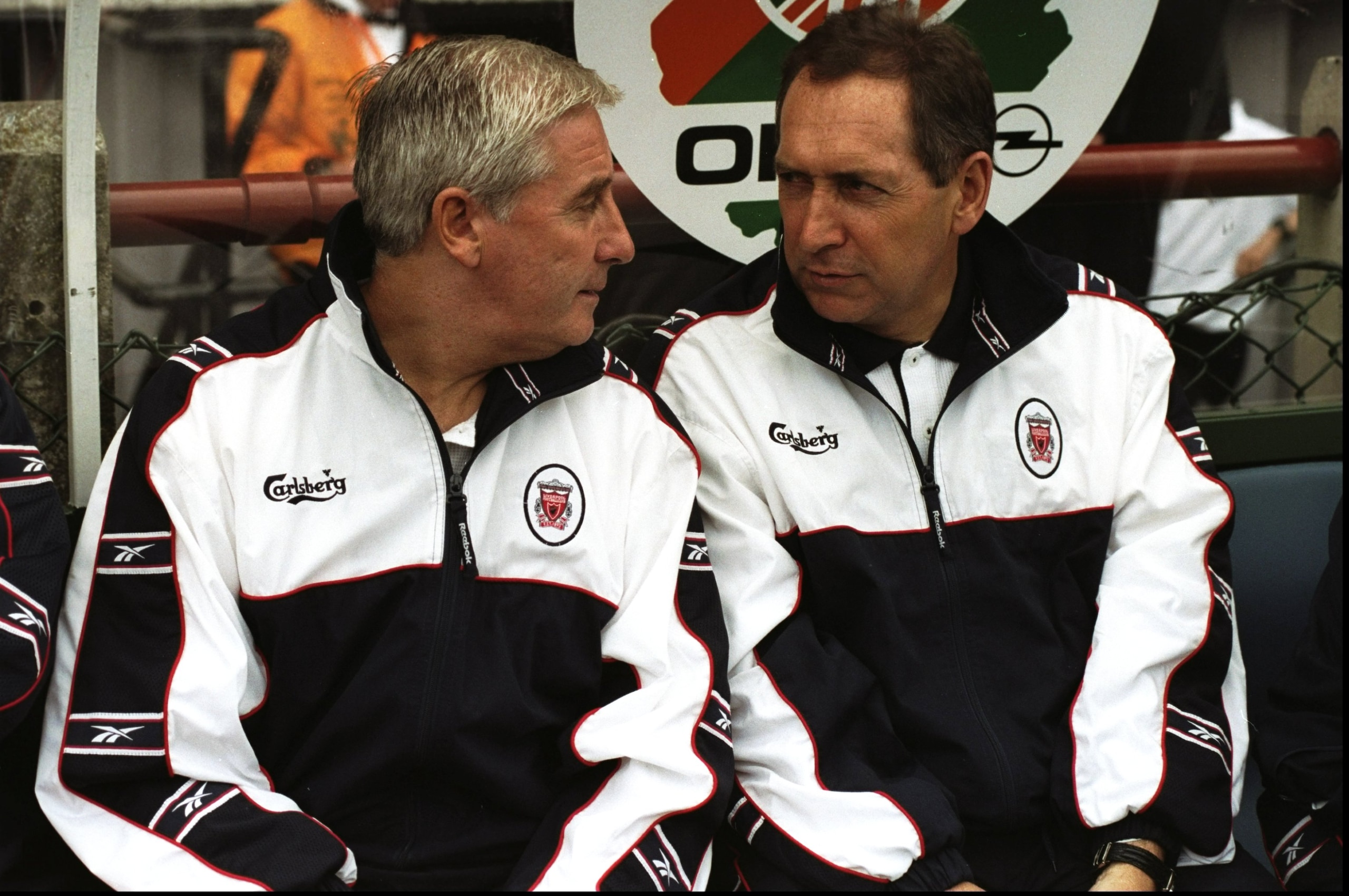 1 Aug 1998: The Liverpool management team of Roy Evans and Gerard Houllier chat on the bench during the pre-season tournament match against Leeds United in Dublin, Republic of Ireland. Liverpool won the match 2-0. \ Mandatory Credit: Clive Brunskill/All 1 Aug 1998: The Liverpool management team of Roy Evans and Gerard Houllier chat on the bench during the pre-season tournament match against Leeds United in Dublin, Republic of Ireland. Liverpool won the match 2-0. \ Mandatory Credit: Clive Brunskill/All