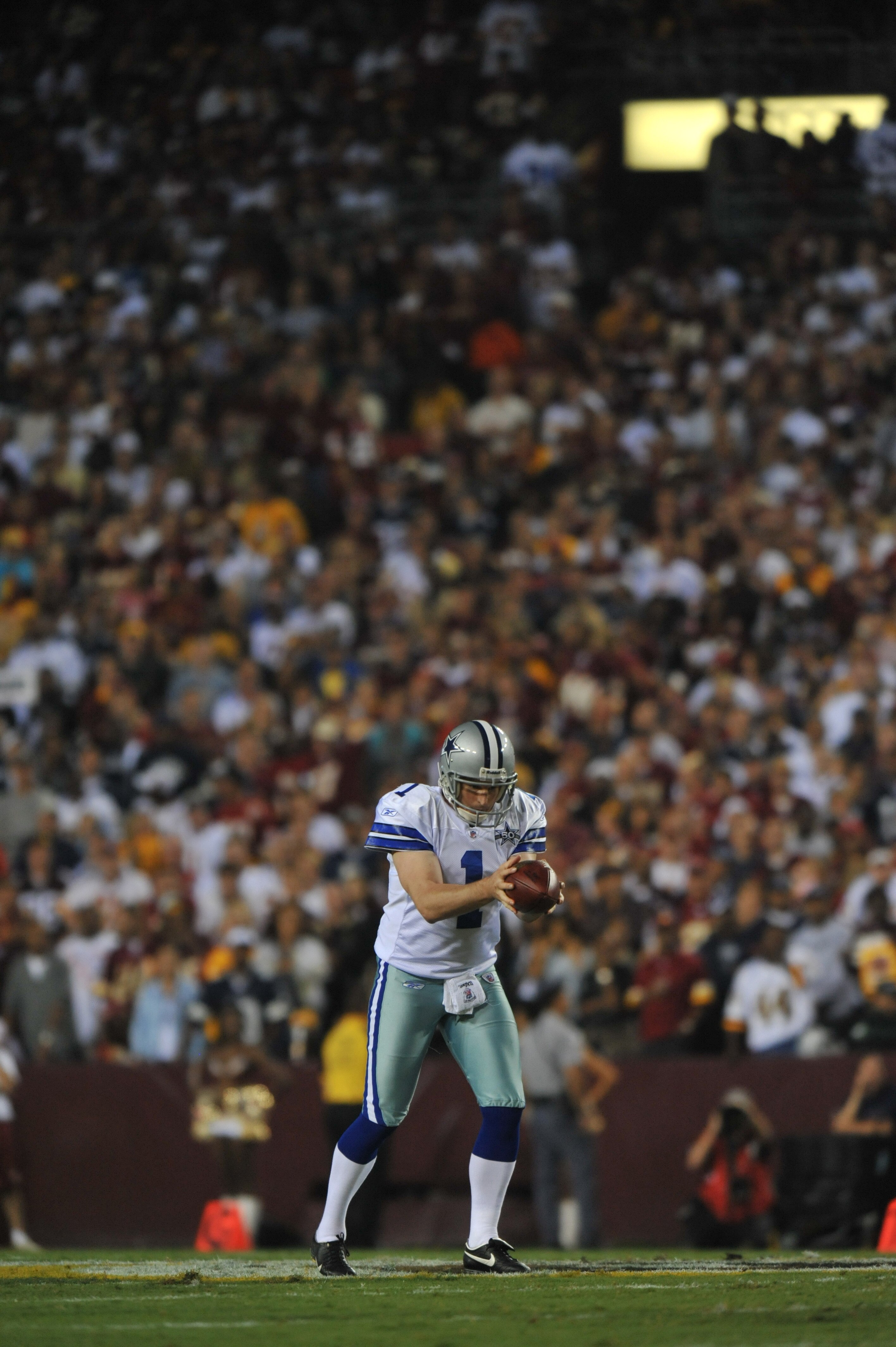 LANDOVER - SEPTEMBER 12:  Mat McBriar #1 of the Dallas Cowboys prepares to punt during the NFL season opener against the Washington Redskins at FedExField on September 12, 2010 in Landover, Maryland. The Redskins defeated the Cowboys 13-7. (Photo by Larry