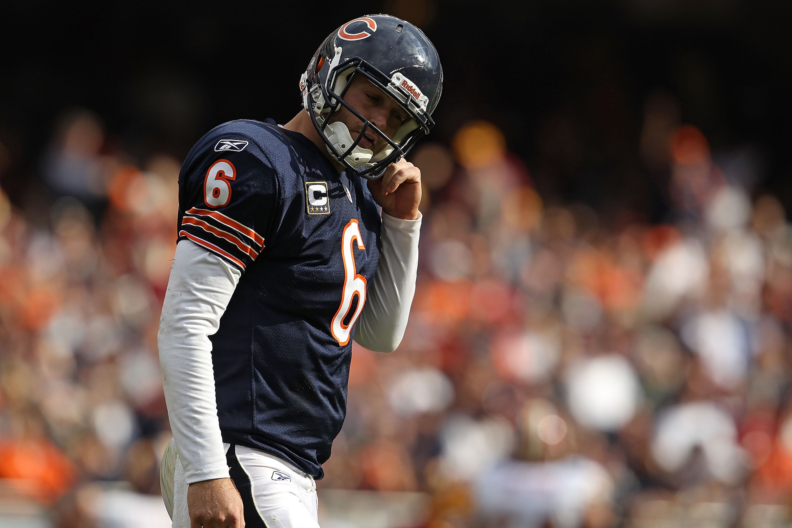 CHICAGO - OCTOBER 24: Jay Cutler #6 of the Chicago Bears walks off the field after throwing an interception against the Washington Redskins at Soldier Field on October 24, 2010 in Chicago, Illinois. The Redskins defeated the Bears 17-14. (Photo by Jonatha