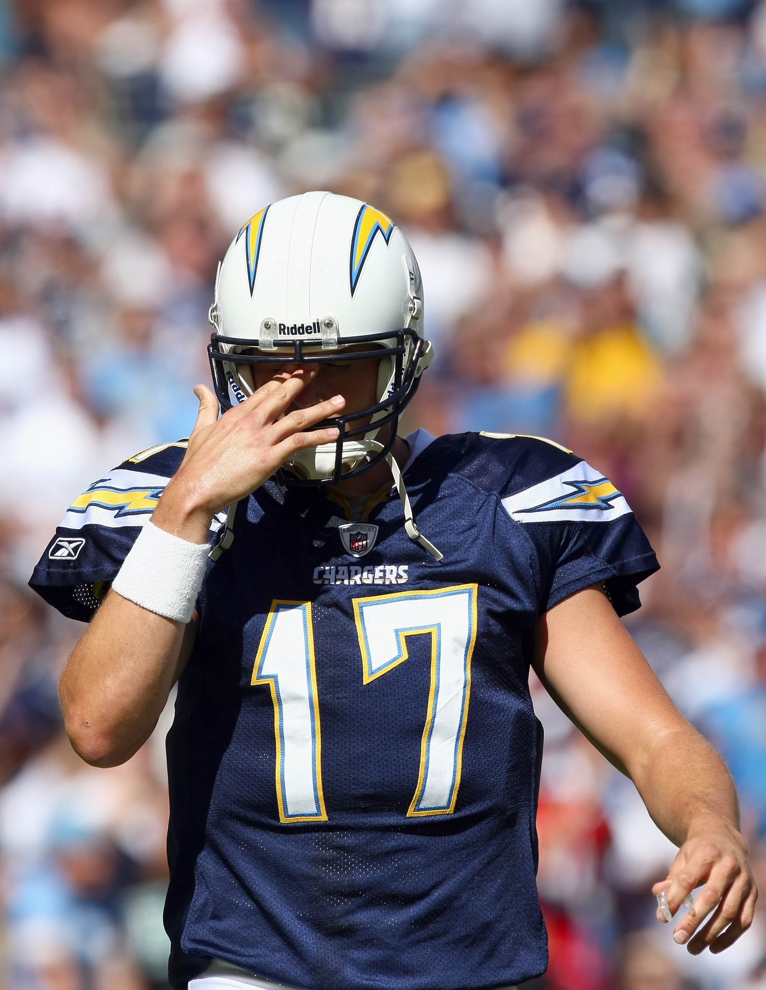 SAN DIEGO - OCTOBER 24:  Quarterback Philip Rivers #17 of the San Diego Chargers reacts to turning over the ball against the New England Patriots during the first half of their NFL game on October 24, 2010 at Qualcomm Stadium in San Diego, California. (Ph
