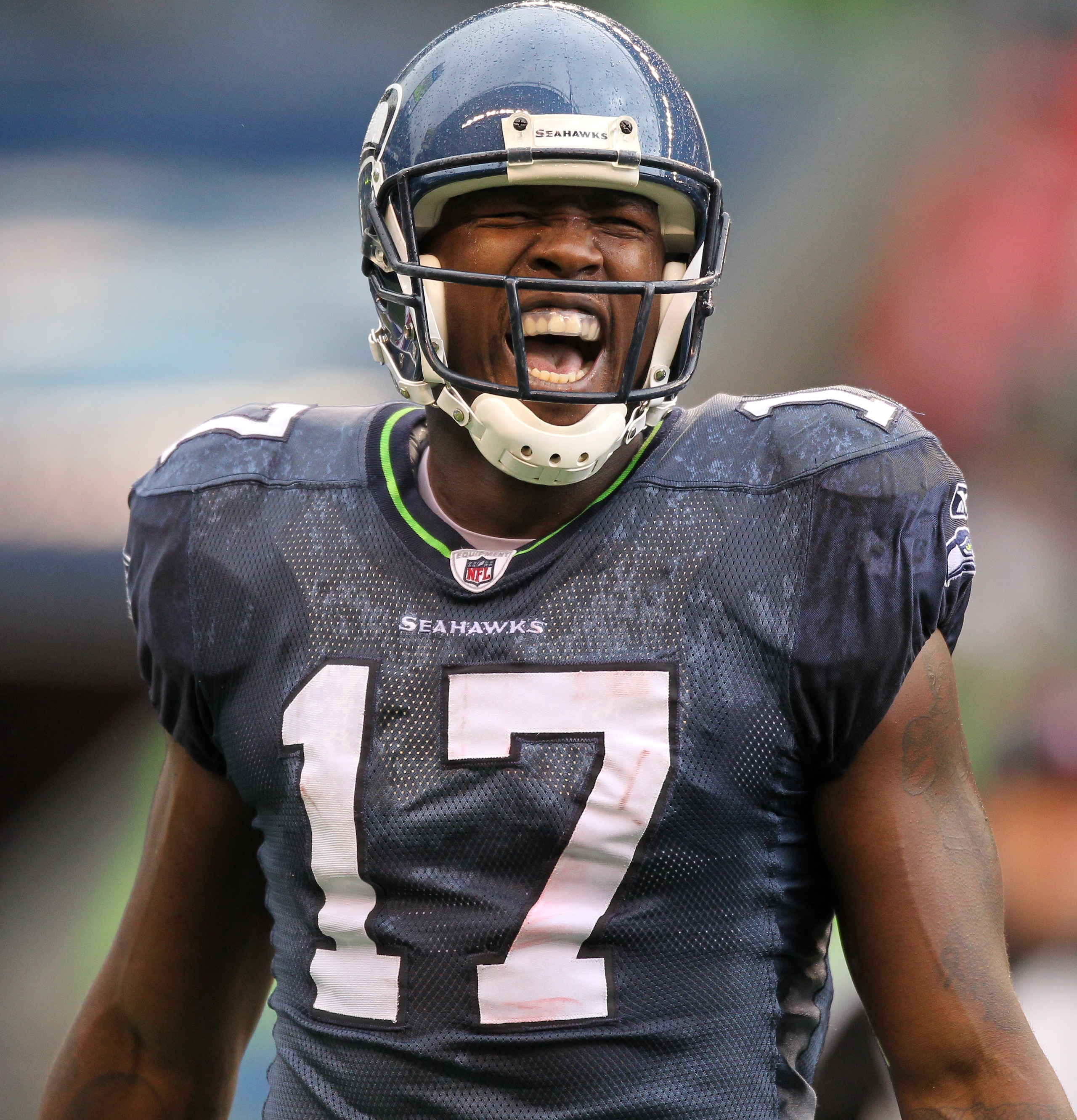 SEATTLE - OCTOBER 24:  Wide receiver Mike Williams #17 of the Seattle Seahawks reacts after making a catch against the Arizona Cardinals at Qwest Field on October 24, 2010 in Seattle, Washington. The Seahawks defeated the Cardinals 22-10. (Photo by Otto G