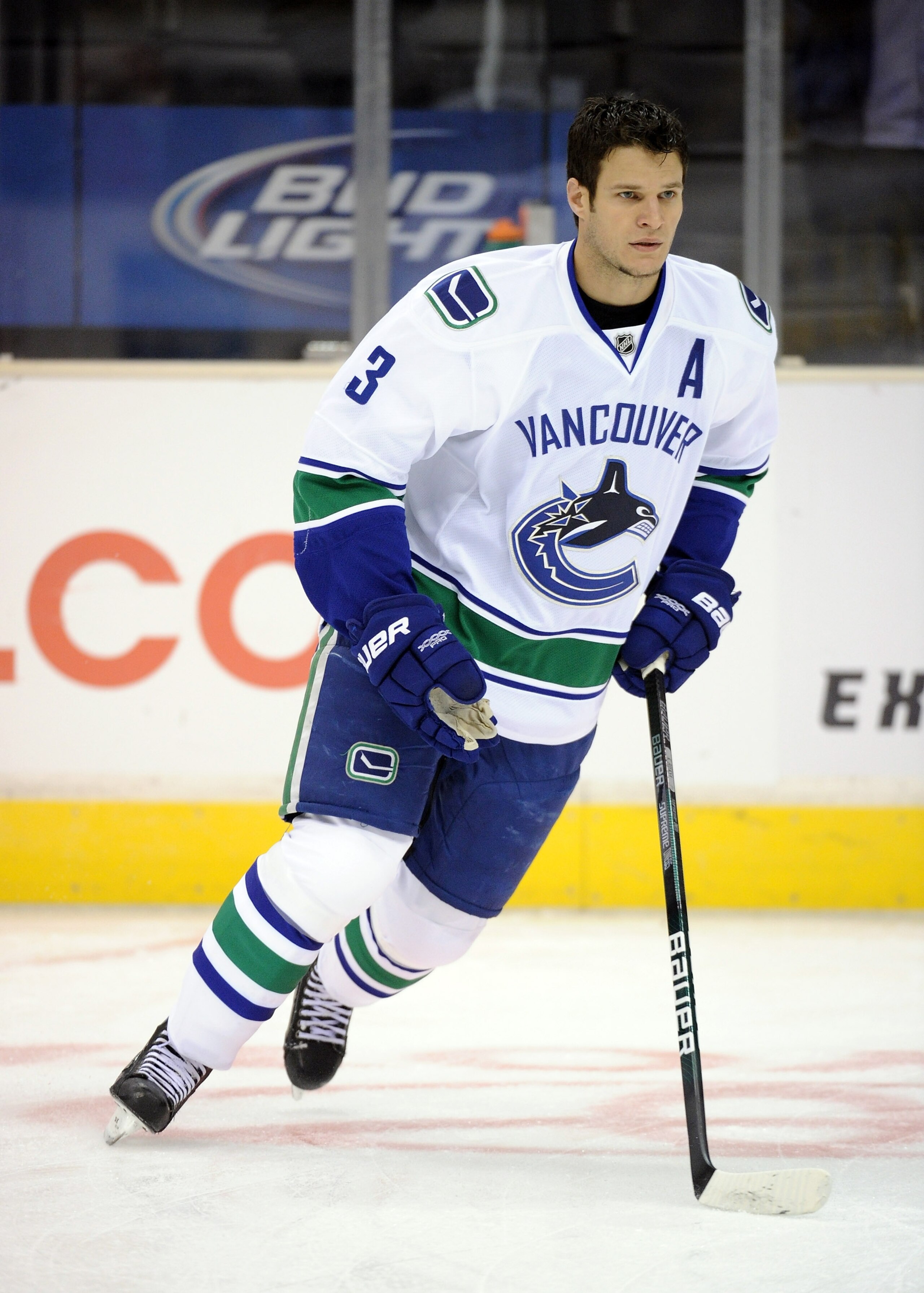 LOS ANGELES, CA - OCTOBER 15:  Kevin Bieksa #3 of the Vancouver Canucks warms up against the Los Angeles Kings at the Staples Center on October 15, 2010 in Los Angeles, California.  (Photo by Harry How/Getty Images)