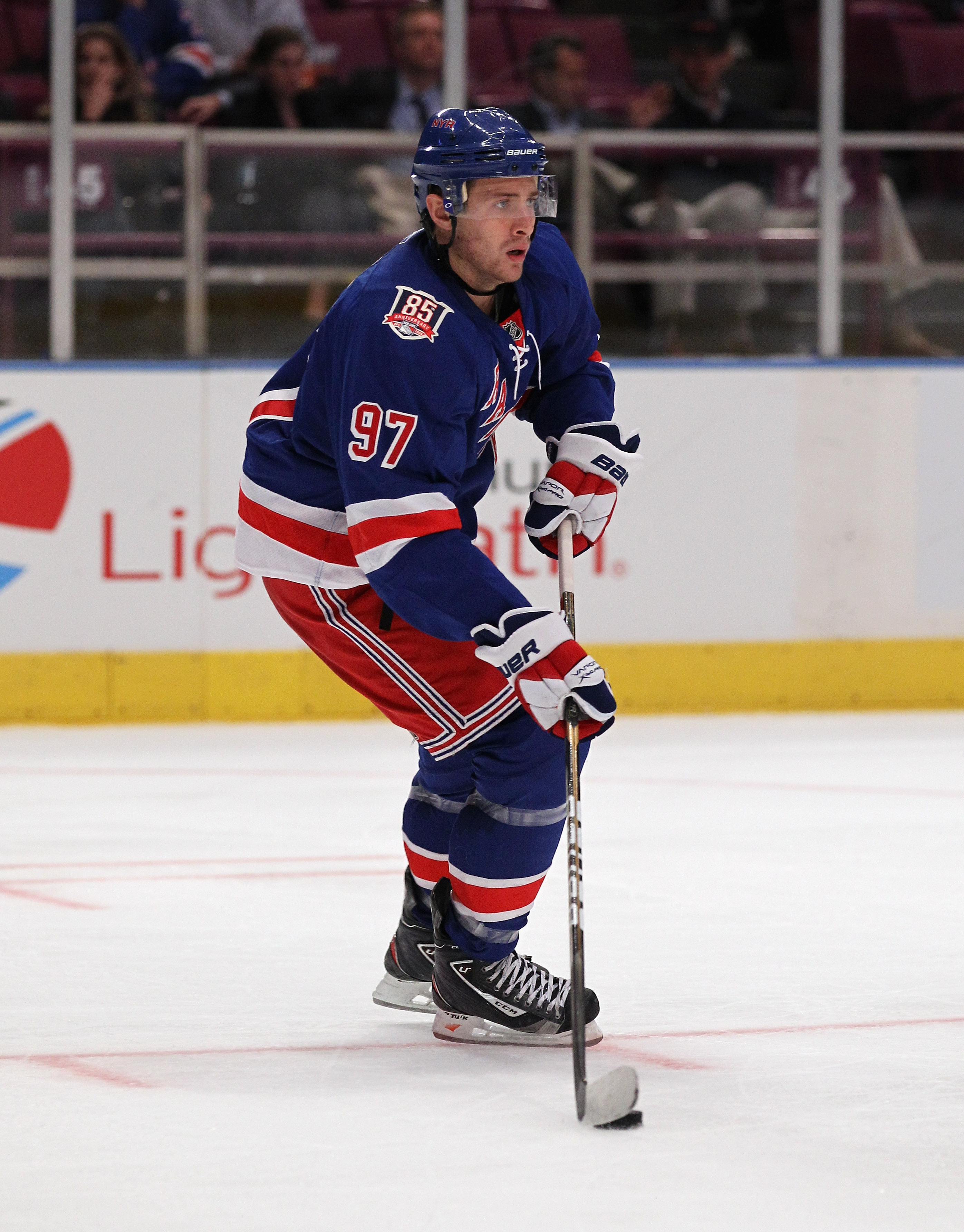 NEW YORK - OCTOBER 18:  Matt Gilroy #97 of the New York Rangers skates against the Colorado Avalanche at Madison Square Garden on October 18, 2010 in New York City. The Avalanche defeated the Rangers 3-1.  (Photo by Bruce Bennett/Getty Images)
