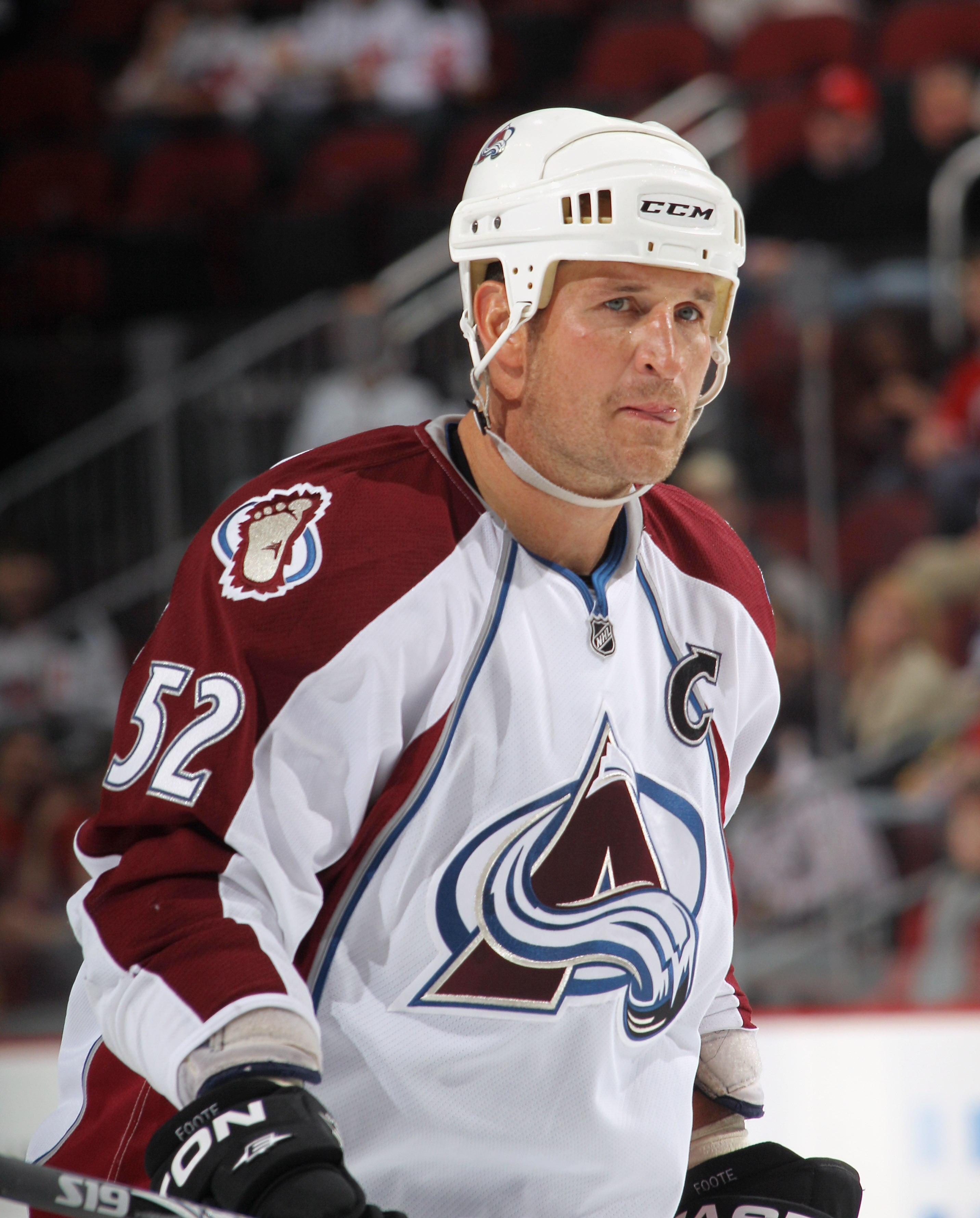 NEWARK, NJ - OCTOBER 15:  Adam Foote #52 of the Colorado Avalanche skates against the New Jersey Devils at the Prudential Center on October 15, 2010 in Newark, New Jersey.  (Photo by Bruce Bennett/Getty Images)