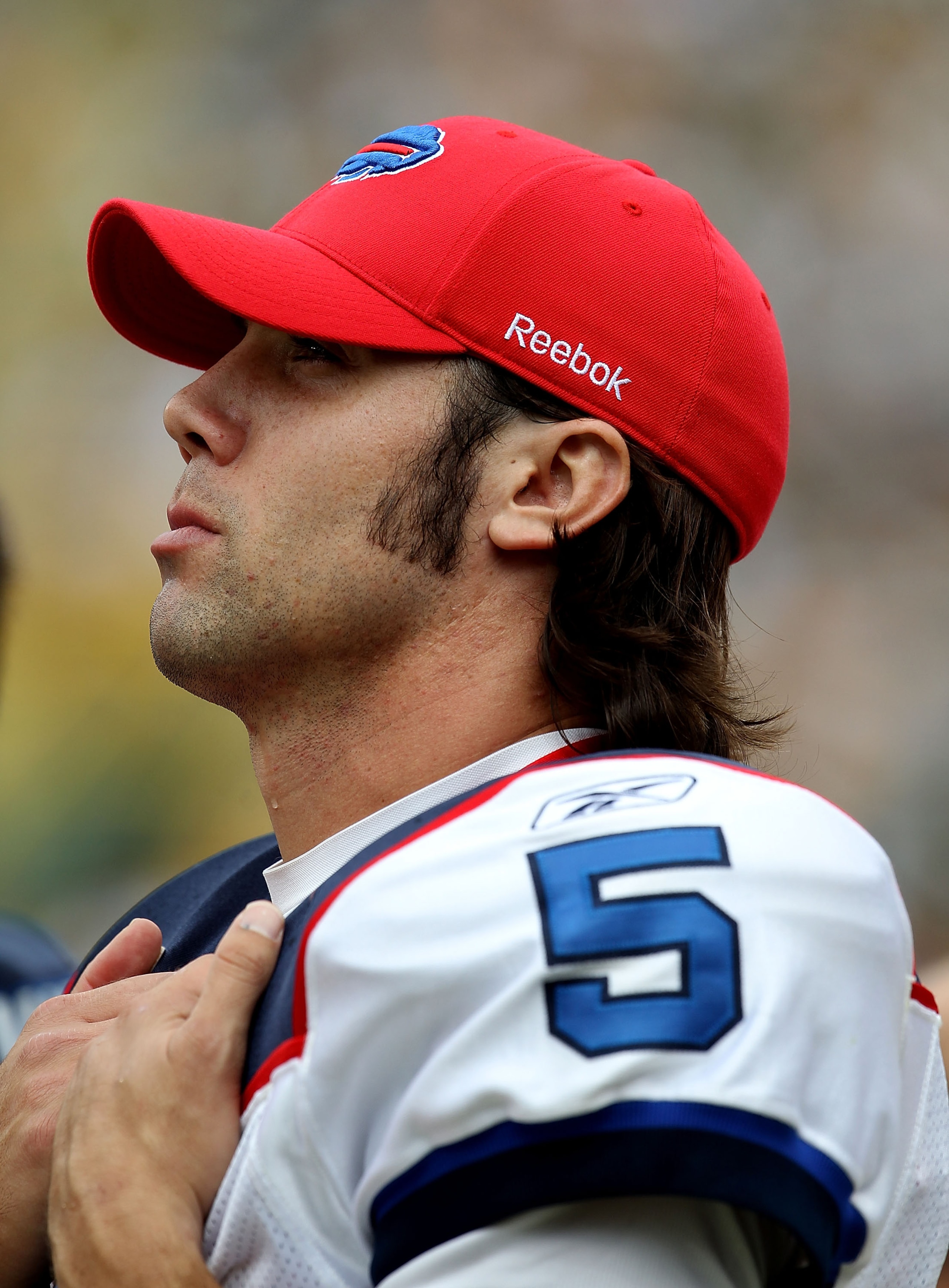 GREEN BAY, WI - SEPTEMBER 19: Trent Edwards #5 of the Buffalo Bills watches from the sidelines during a game against the Green Bay Packer at Lambeau Field on September 19, 2010 in Green Bay, Wisconsin. The Packers defeated the Bills 34-7. (Photo by Jonath