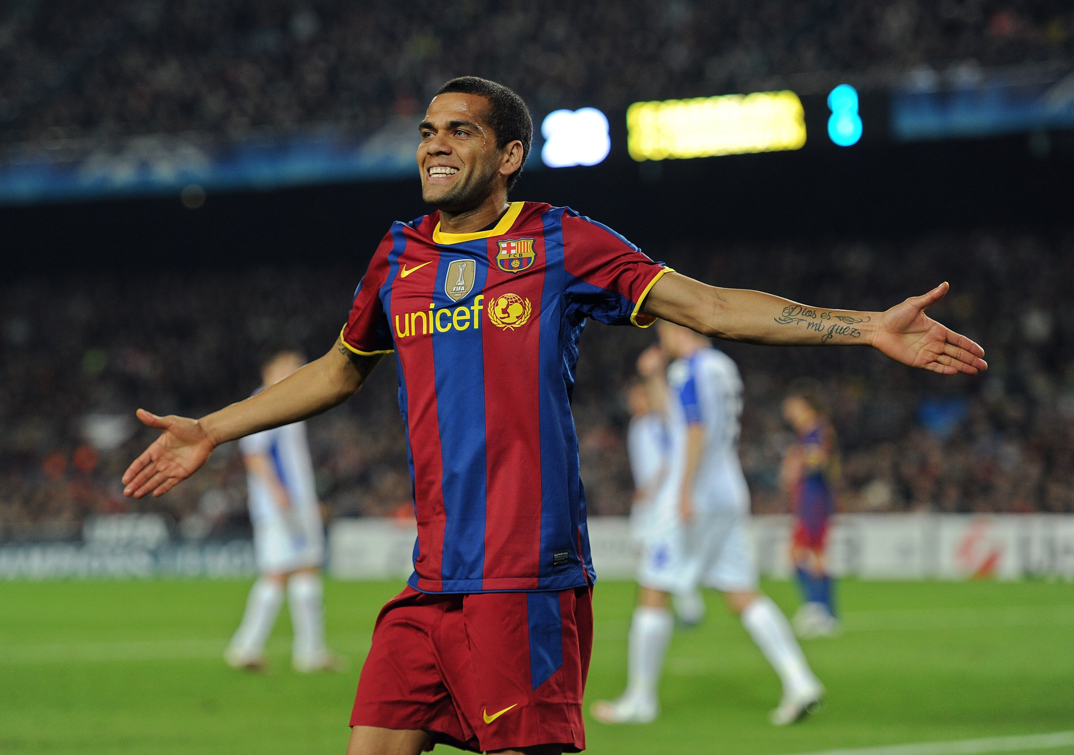 BARCELONA, SPAIN - OCTOBER 20:  Daniel Alves of Barcelona reacts during the UEFA Champions League group D match between Barcelona and FC Copenhagen at the Camp Nou stadium on October 20, 2010 in Barcelona, Spain. Barcelona won the match 2-0.  (Photo by Ja