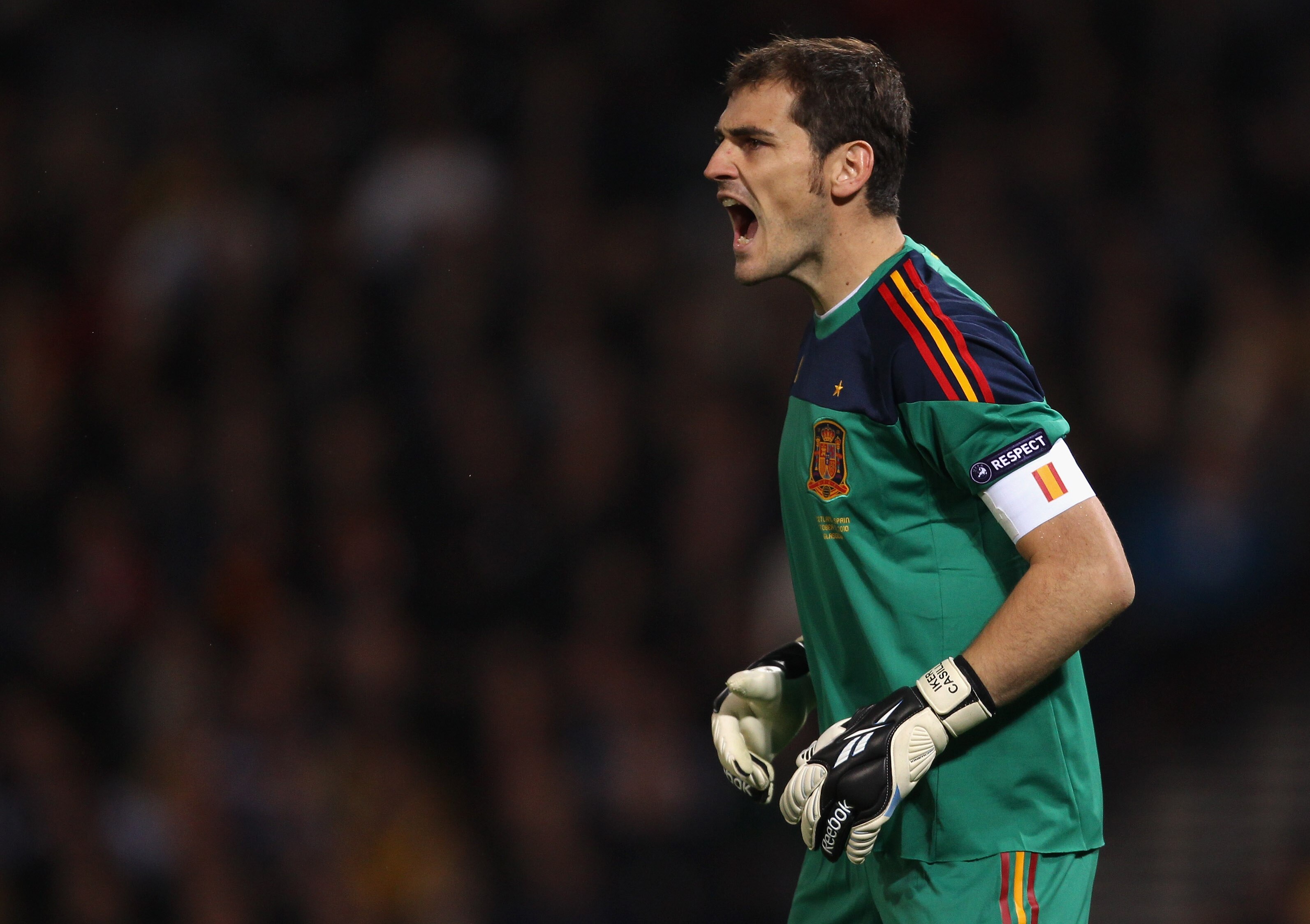 GLASGOW, SCOTLAND - OCTOBER 12:  Iker Casillas of Spain during the UEFA EURO 2012 Group I Qualifier match between Scotland and Spain at Hampden Park on October 12, 2010 in Glasgow, Scotland.  (Photo by Alex Livesey/Getty Images)