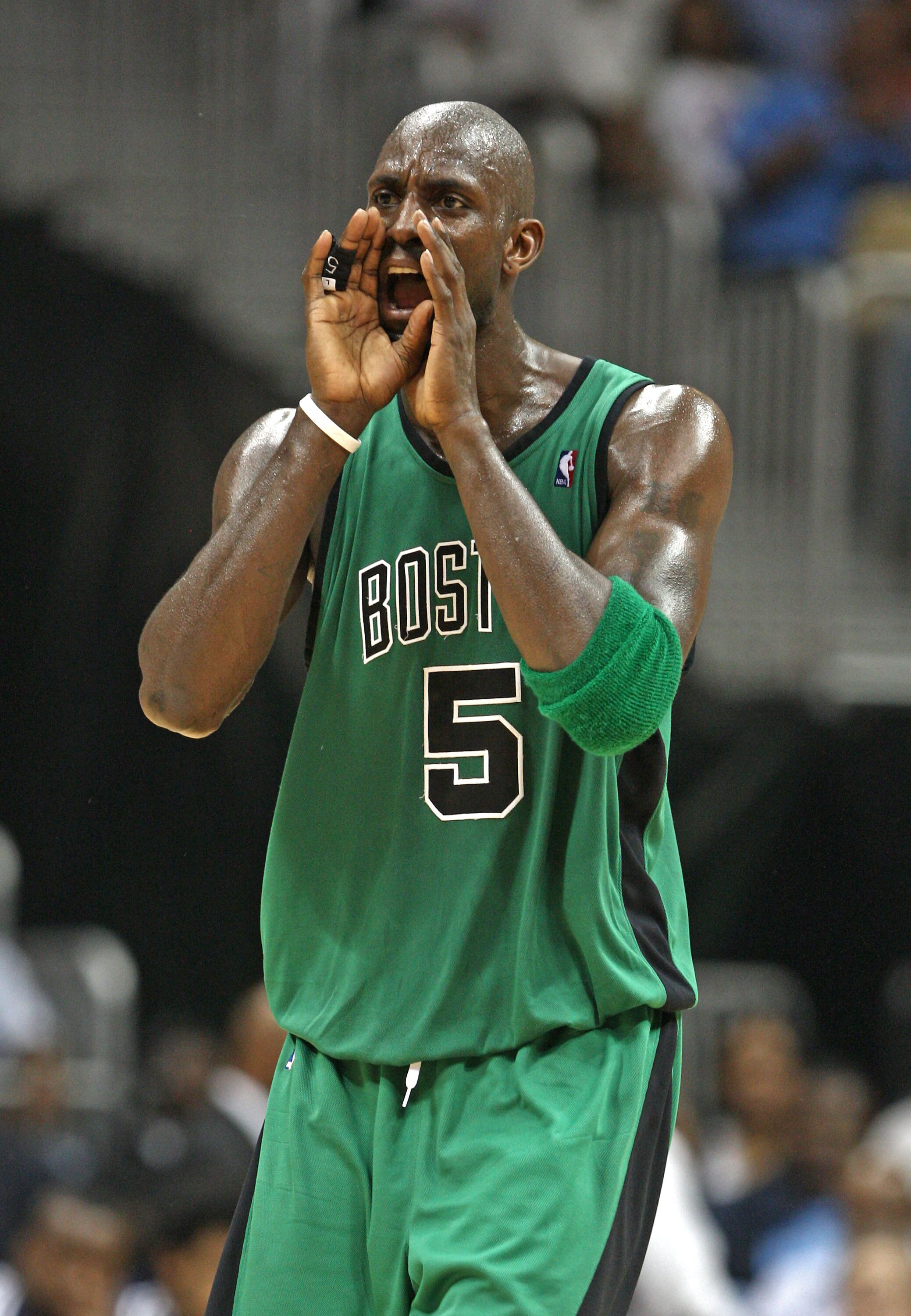 ATLANTA - APRIL 26: Forward Kevin Garnett #5 of the Boston Celtics shouts out instructions to his team during Game Three of the Eastern Conference Quarterfinals against the Atlanta Hawks during the 2008 NBA Playoffs at the Philips Arena on April 26, 2008 