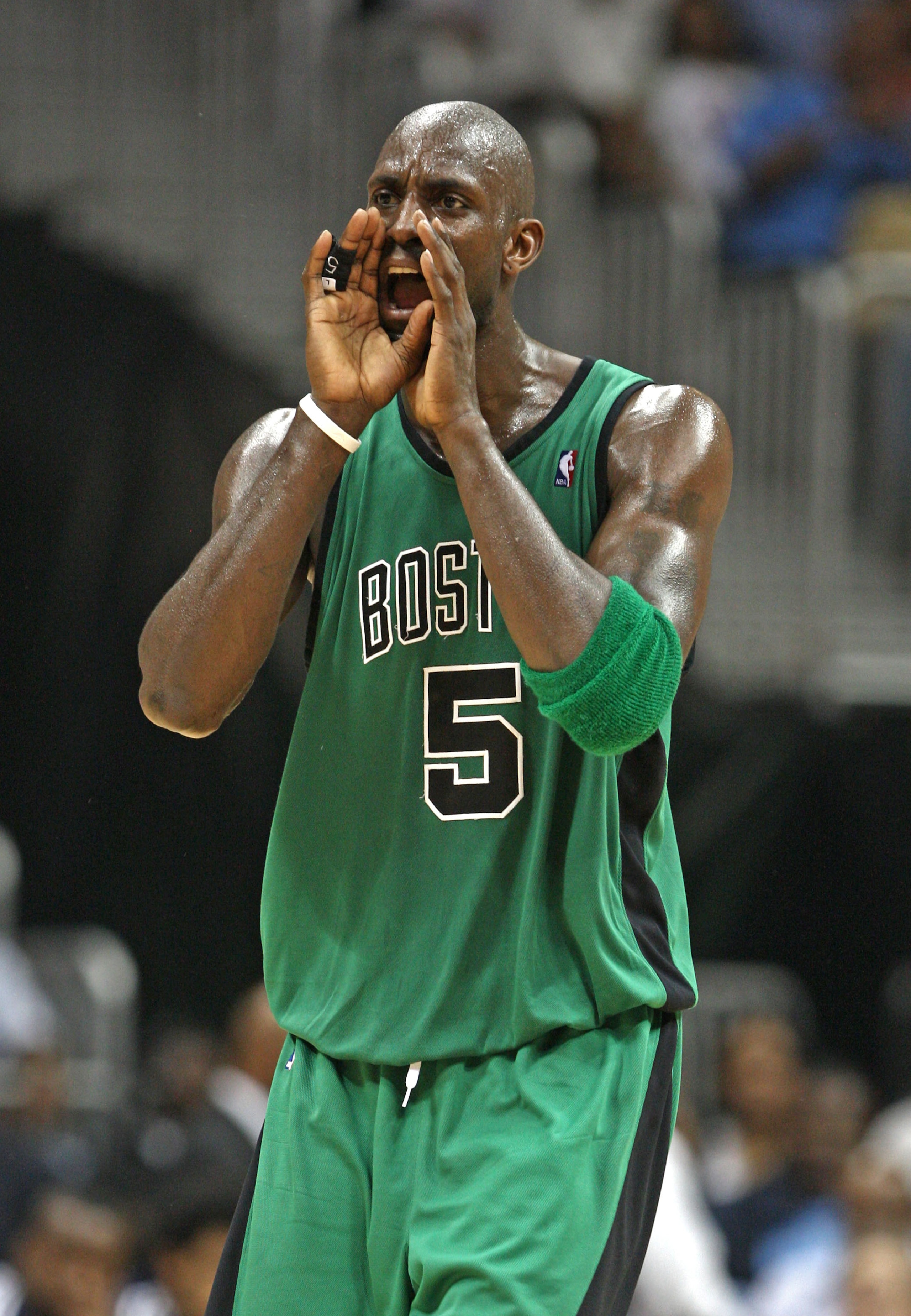 ATLANTA - APRIL 26: Forward Kevin Garnett #5 of the Boston Celtics shouts out instructions to his team during Game Three of the Eastern Conference Quarterfinals against the Atlanta Hawks during the 2008 NBA Playoffs at the Philips Arena on April 26, 2008 