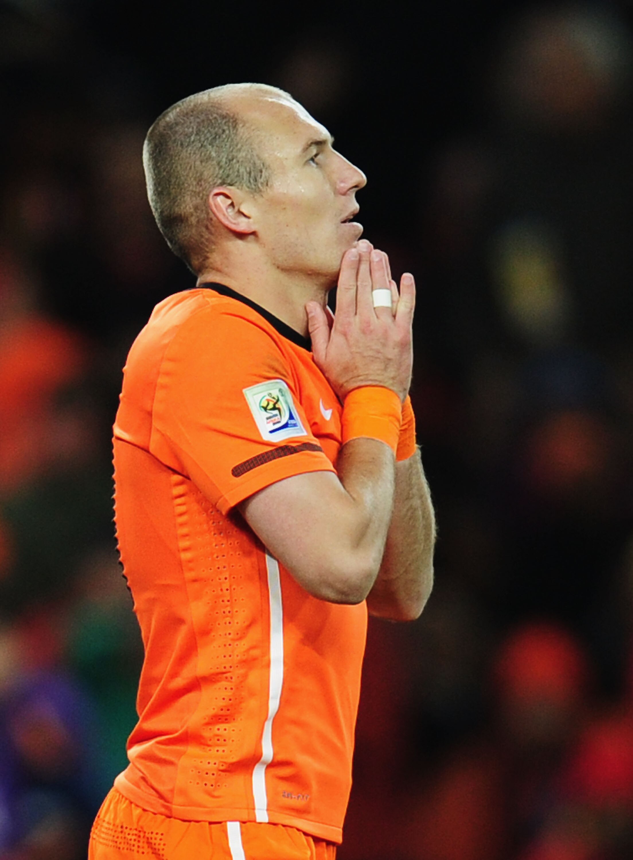 JOHANNESBURG, SOUTH AFRICA - JULY 11:  Arjen Robben of the Netherlands reacts to a missed chance during the 2010 FIFA World Cup South Africa Final match between Netherlands and Spain at Soccer City Stadium on July 11, 2010 in Johannesburg, South Africa.  