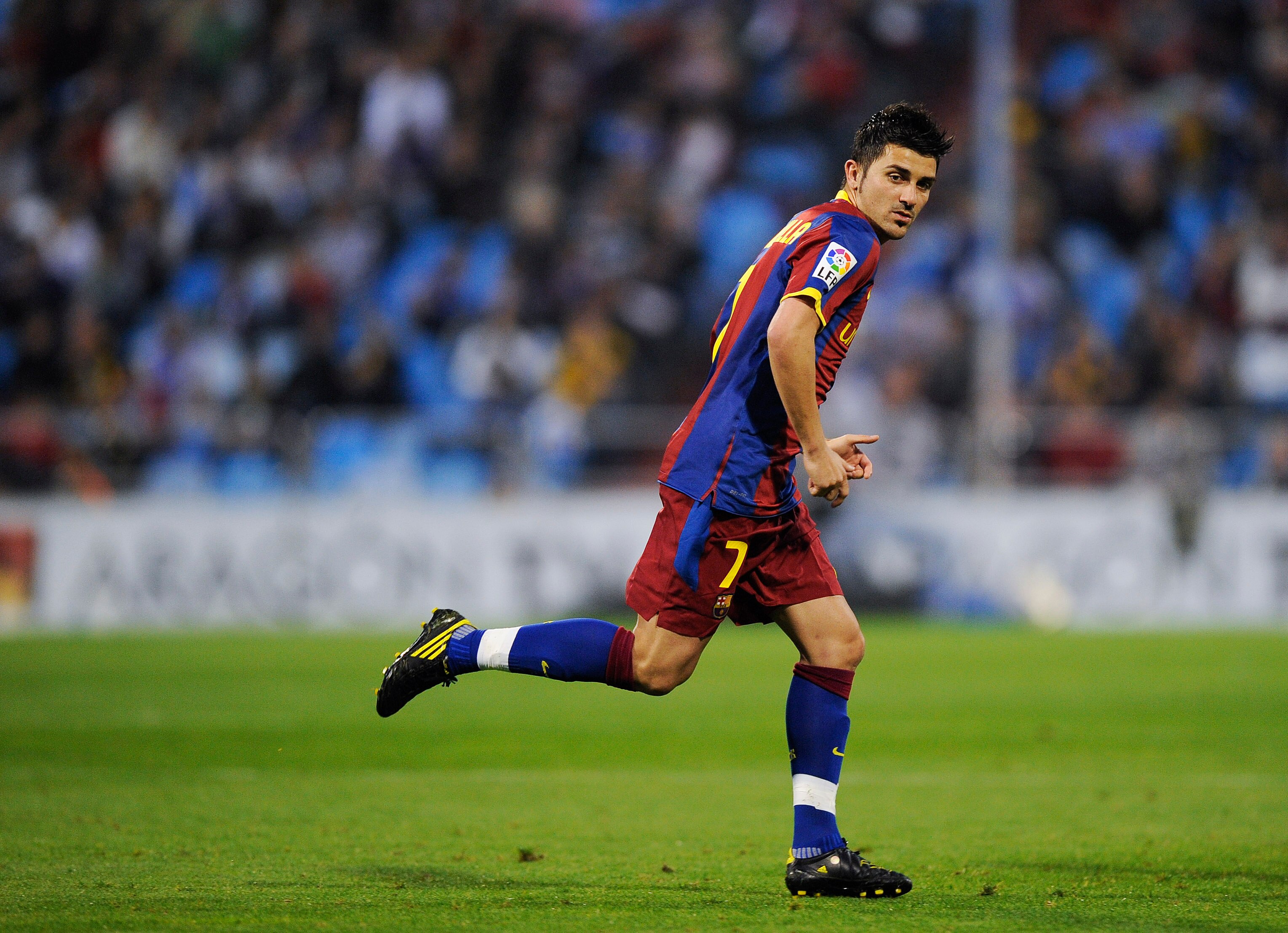 ZARAGOZA, SPAIN - OCTOBER 23:  David Villa of Barcelona looks on during the La Liga match between Real Zaragoza and Barcelona at La Romareda on October 23, 2010 in Zaragoza, Spain. Barcelona won the match 2-0.  (Photo by David Ramos/Getty Images)