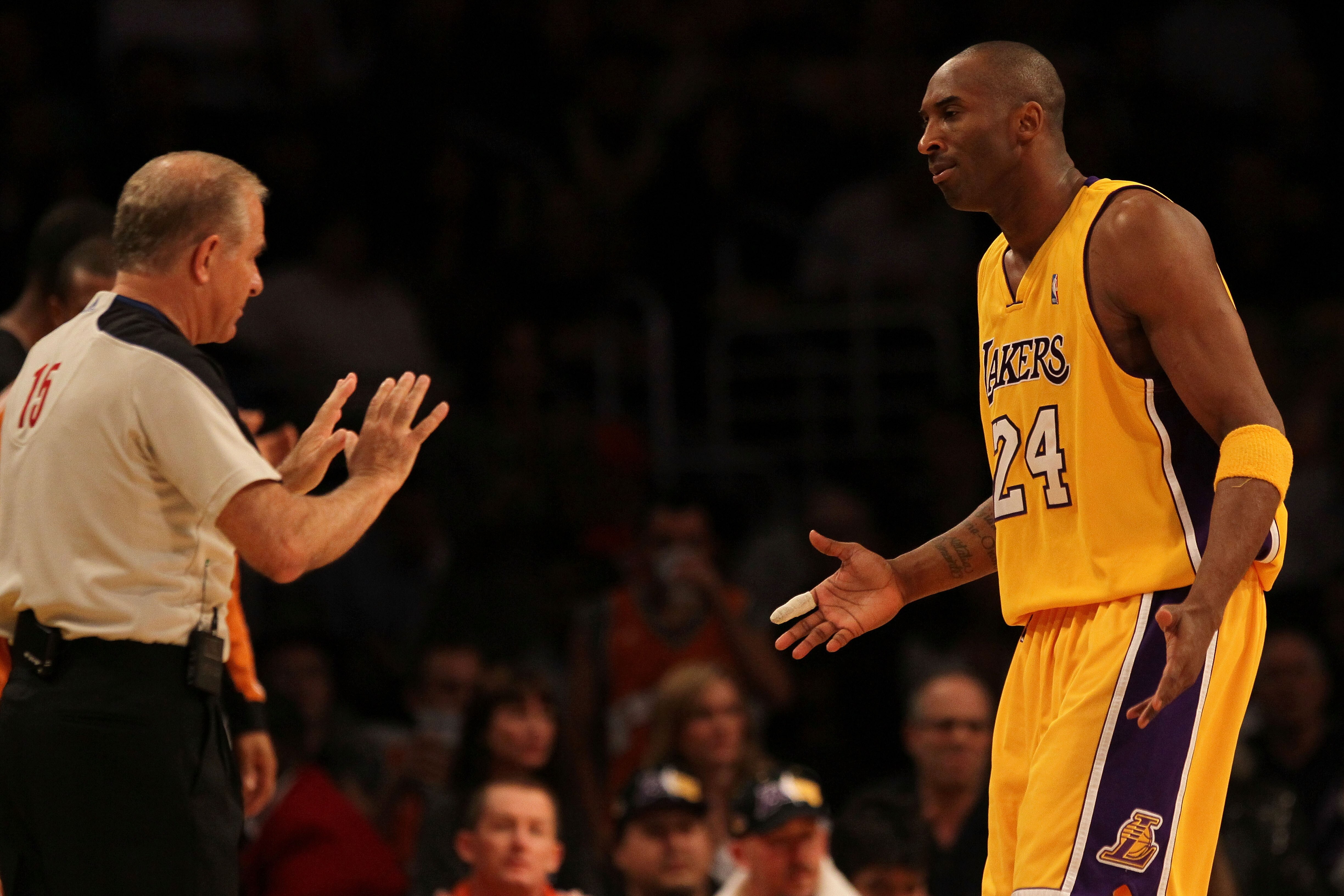 LOS ANGELES, CA - MAY 27:  Kobe Bryant #24 of the Los Angeles Lakers reacts to a foul called against him in the first quarter of Game Five of the Western Conference Finals against the Phoenix Suns during the 2010 NBA Playoffs at Staples Center on May 27, 