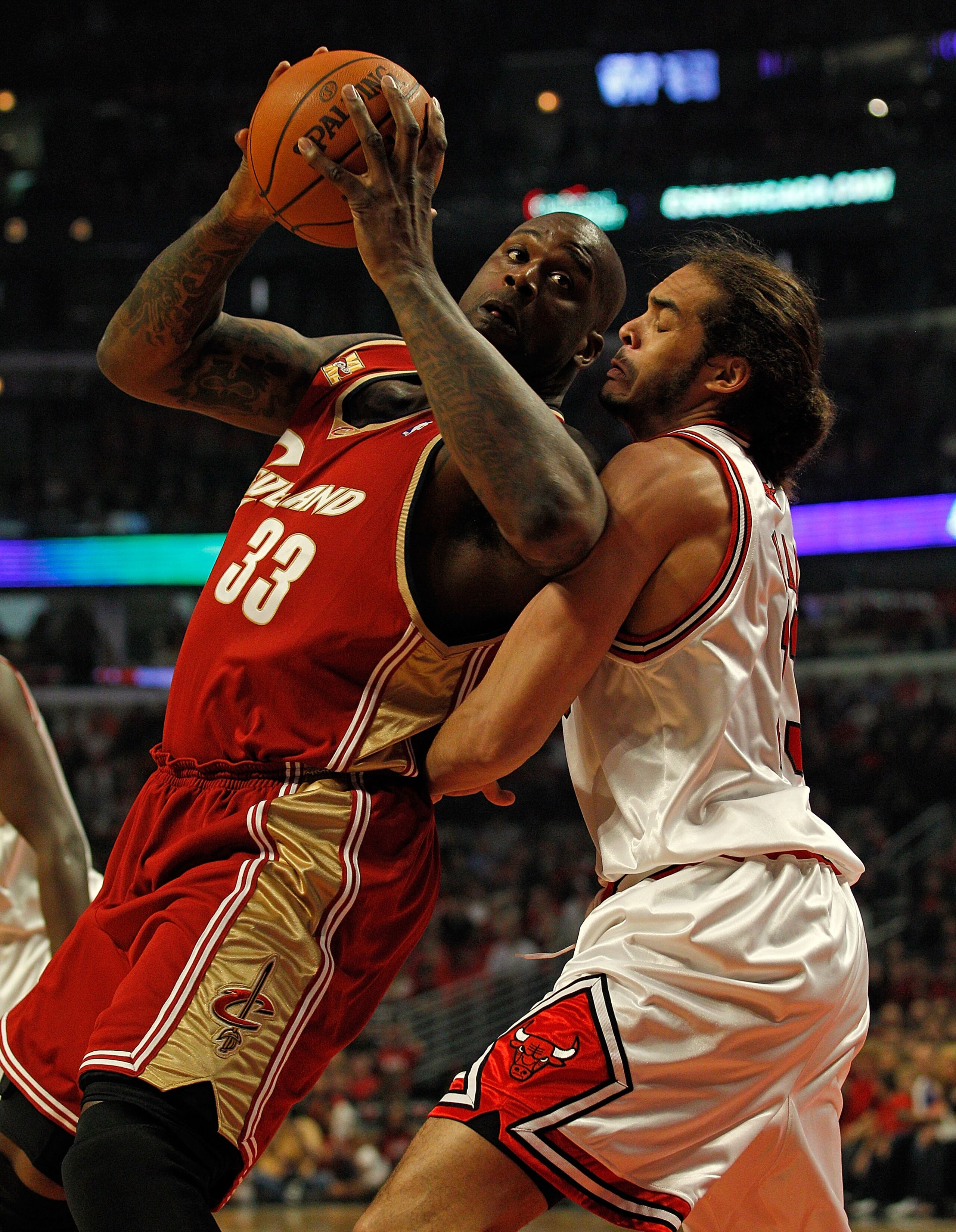 CHICAGO - APRIL 25: Shaquille O'Neal #33 of the Cleveland Cavaliers moves to the basket against Joakim Noah #13 of the Chicago Bulls in Game Four of the Eastern Conference Quarterfinals during the 2010 NBA Playoffs at the United Center on April 25, 2010 i