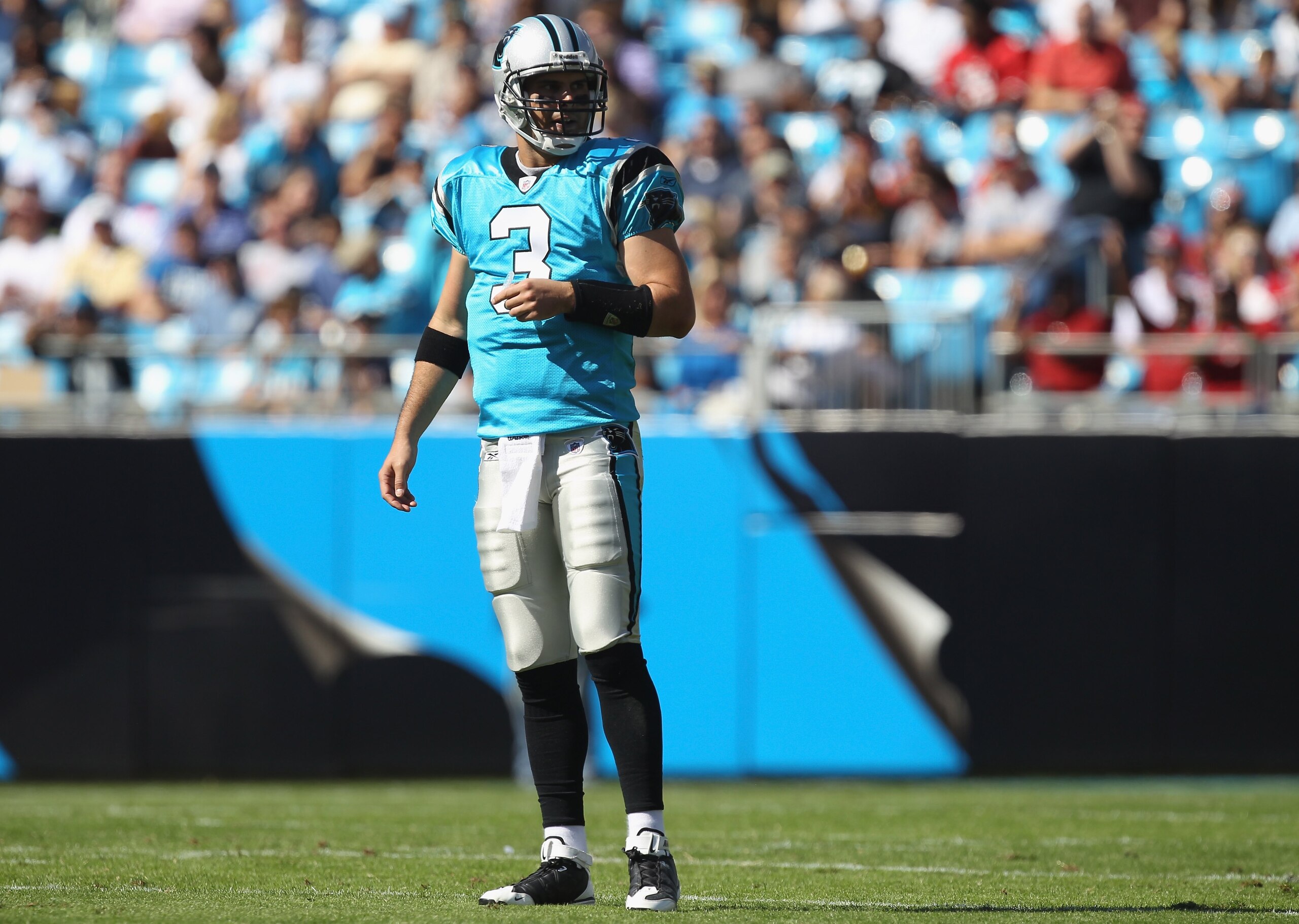 CHARLOTTE, NC - OCTOBER 24:  Matt Moore #3 of the Carolina Panthers against the San Francisco 49ers during their game at Bank of America Stadium on October 24, 2010 in Charlotte, North Carolina.  (Photo by Streeter Lecka/Getty Images)